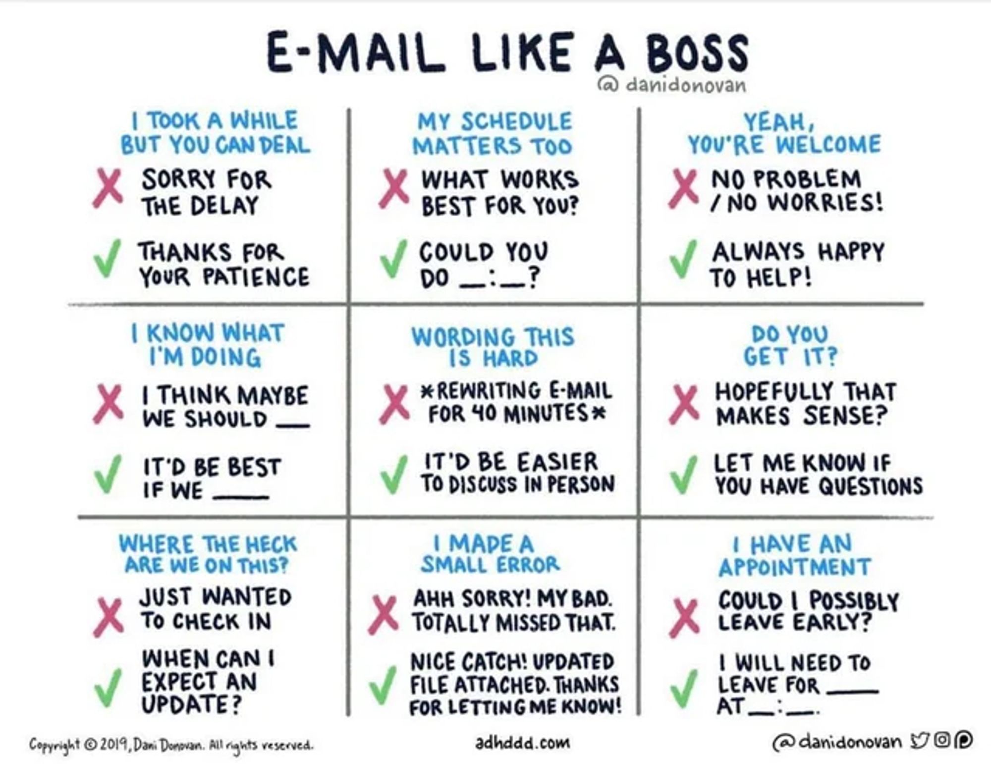 Email like a Boss template by Dani Donovan which shows nine ways to rephrase email to convey compassionate power.