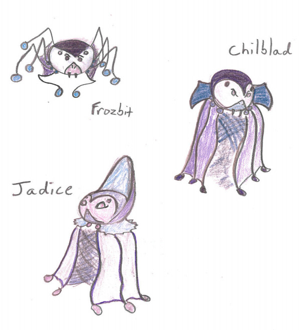 Designs for three fan-made Pokemon, Ice/Poison type:

Frozbit, design based on daddy long-legs, large body with slight webbing between legs

Chilblad, similar design but standing upright with full webbing and a classic movie vampire theme

Jadice, similar design but with a headpiece and lighter coloration