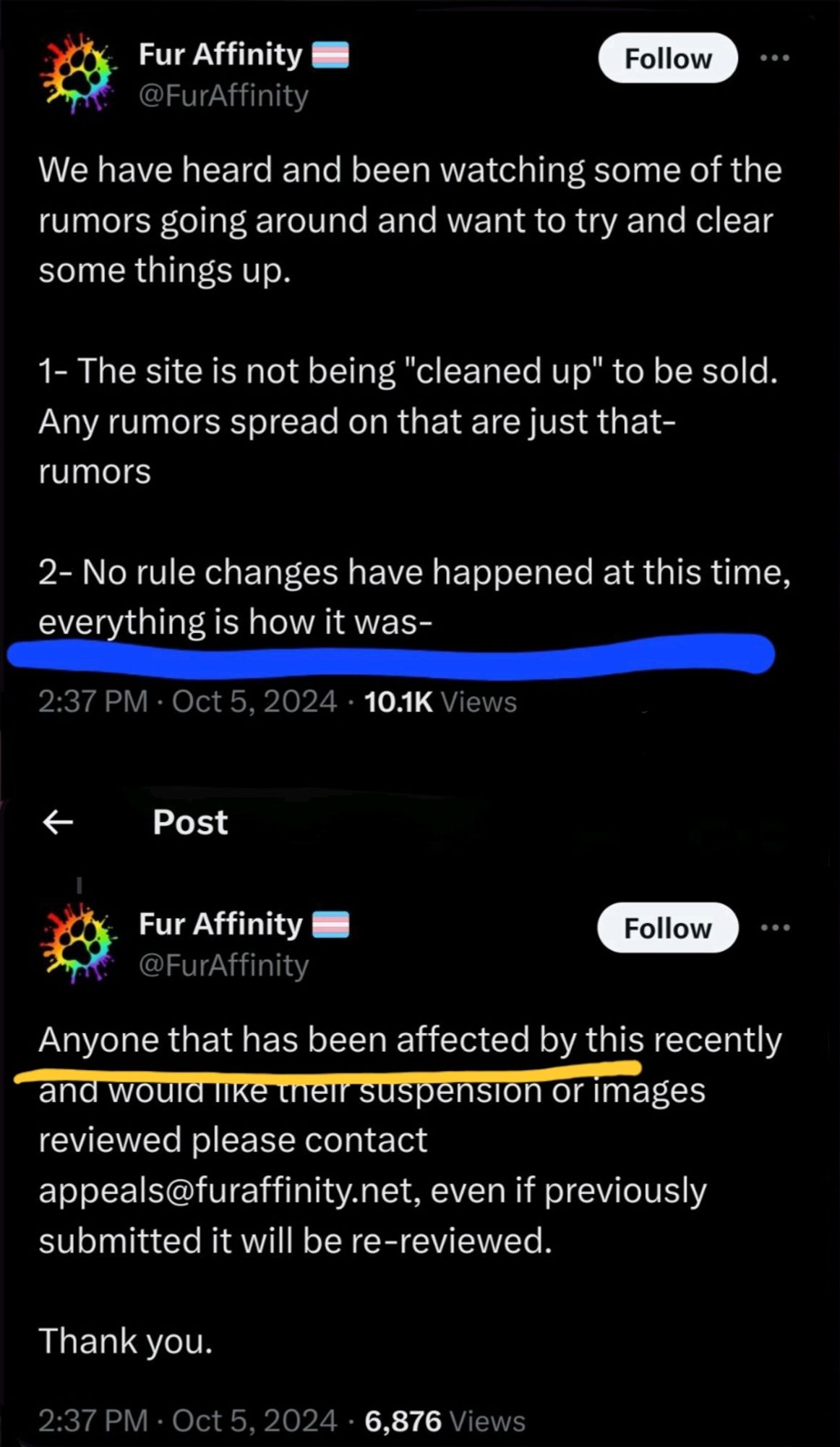 Furaffinity: "No rule changes have happened at this time, everything is how it was."

Also Furaffinity: "Anyone that has been affected by this recently..."