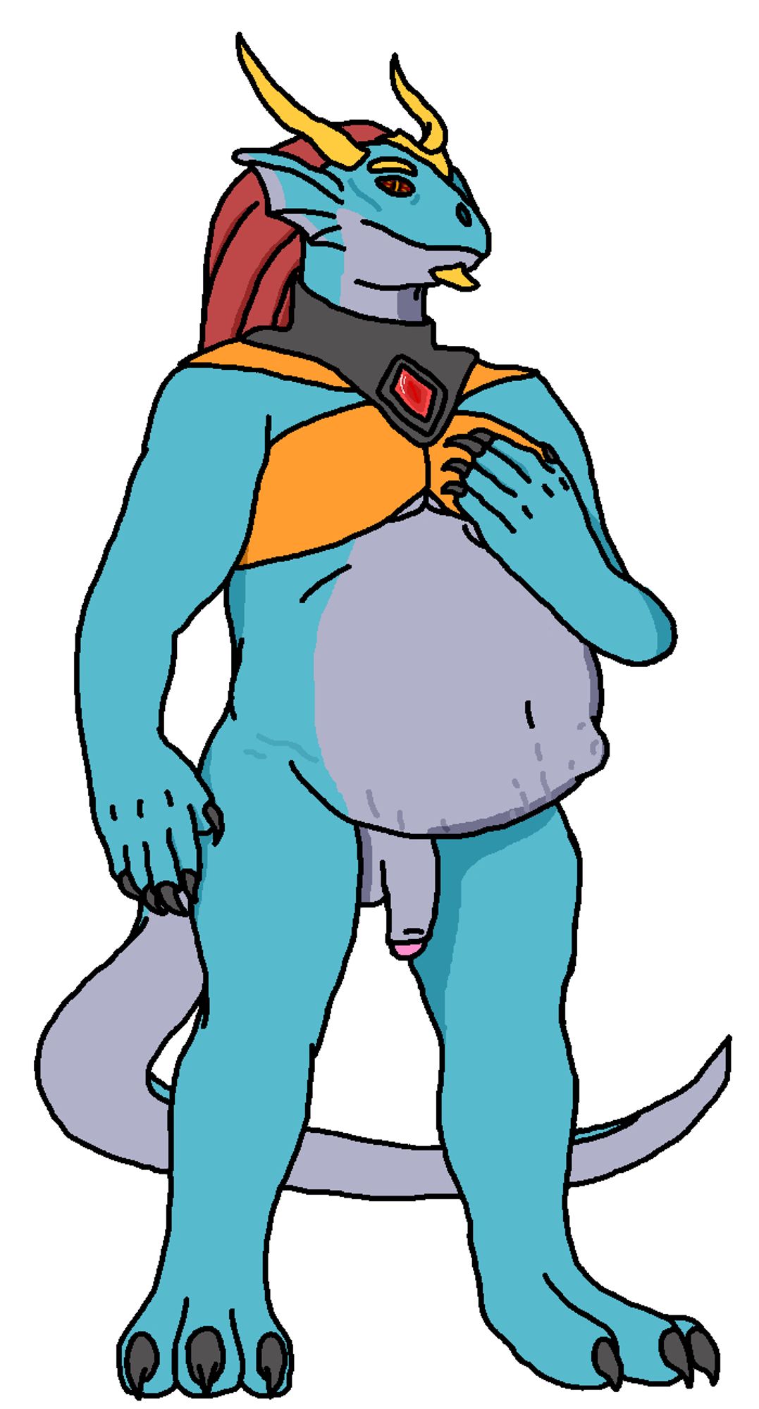 A reference picture of an anthropomorphic dragon with a pregnant belly and a set of cock and balls as he rests a hand on his left pec. A tiny kick is bumping against his stretchmarked tummy.