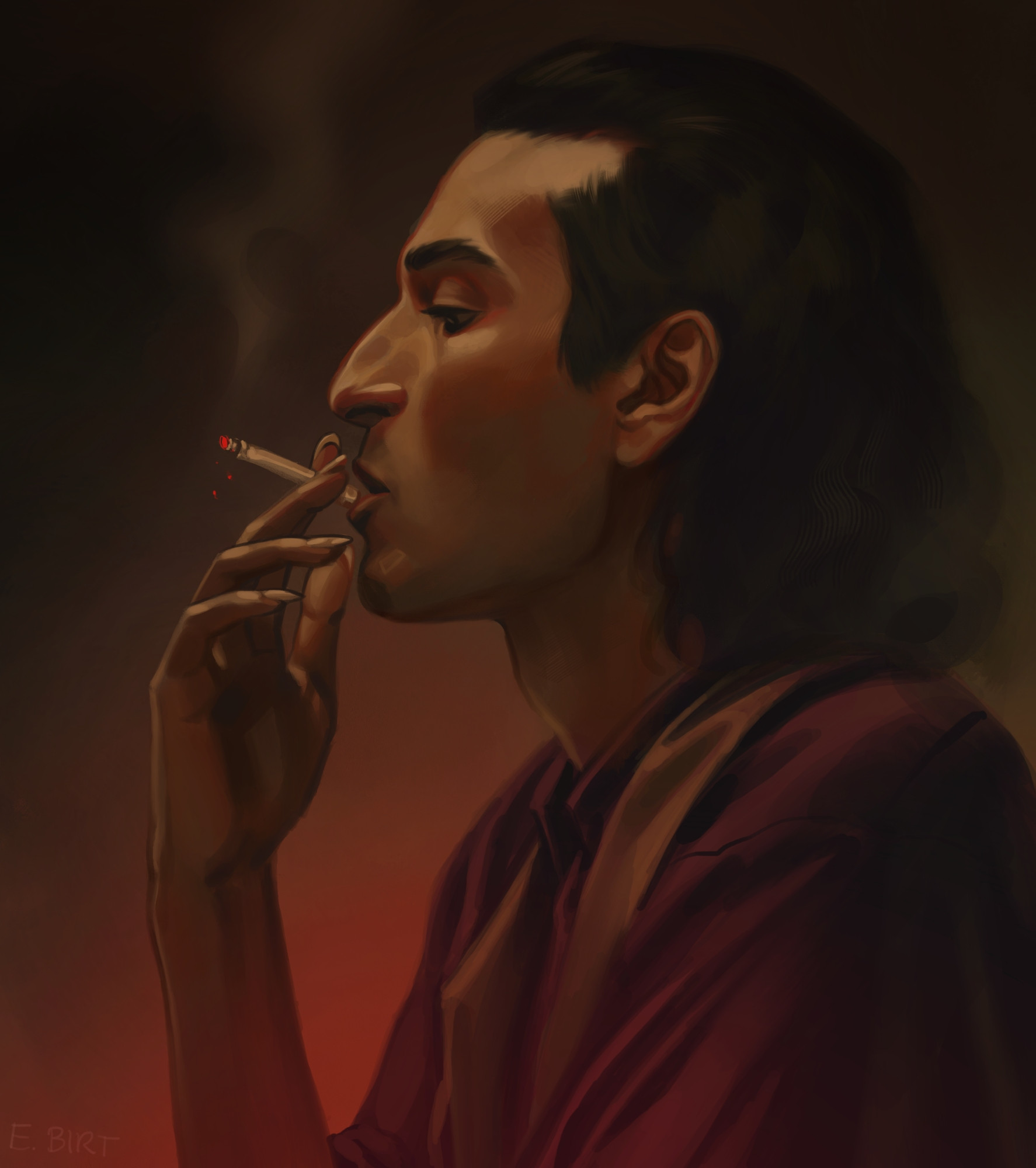 A digital painting of Armand from the Interview With The Vampire tv show, portrayed in profile smoking a cigarette against a dark red background