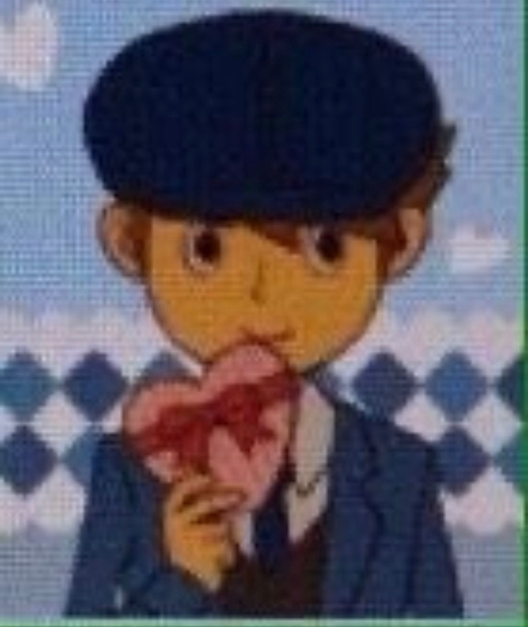 A grainy image of Clive holding a heart with a bow on it, presumably chocolate. Official artwork form Level 5.