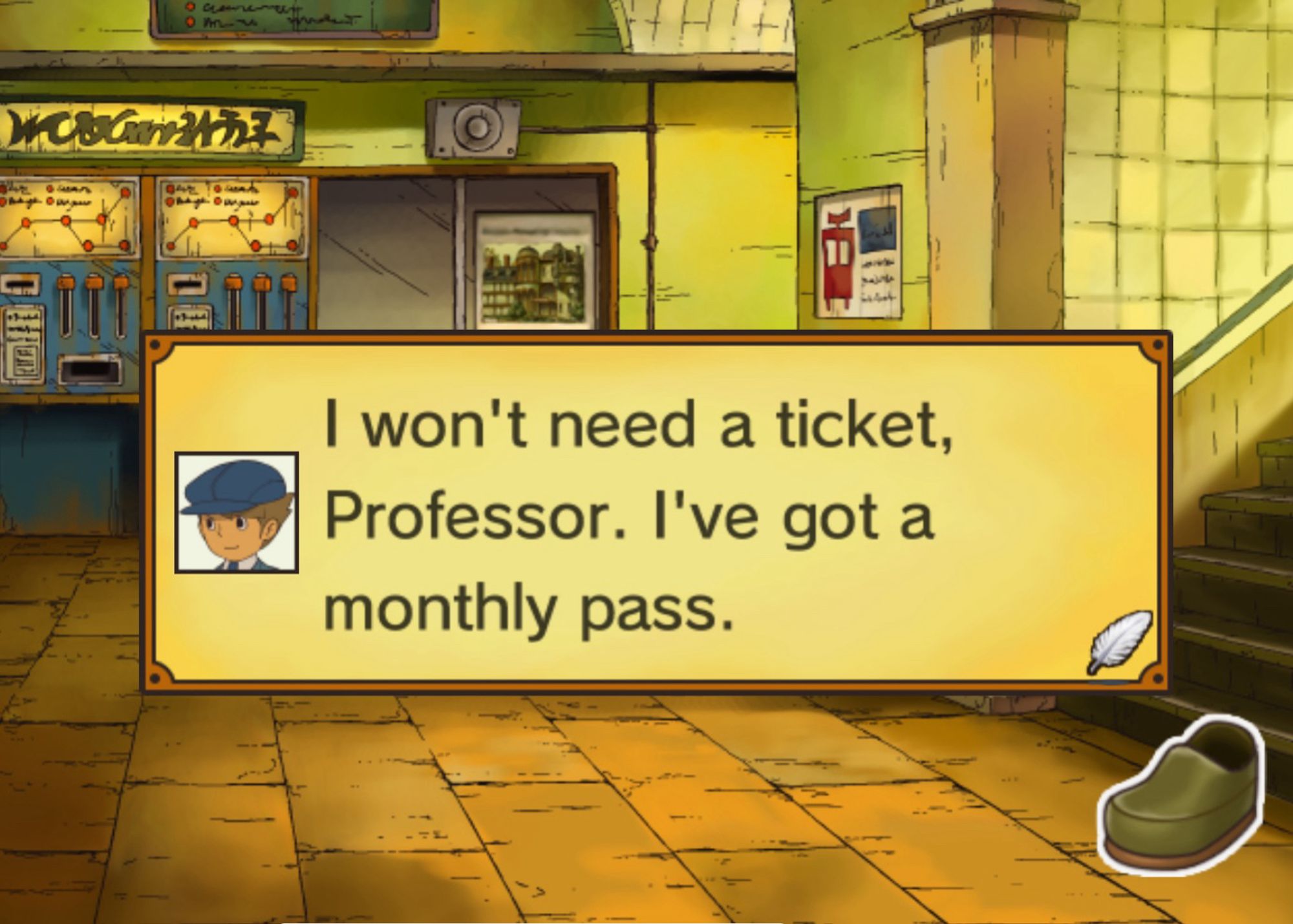 Text box of Clive stating “I won’t need a ticket, Professor. I’ve got a monthly pass.”