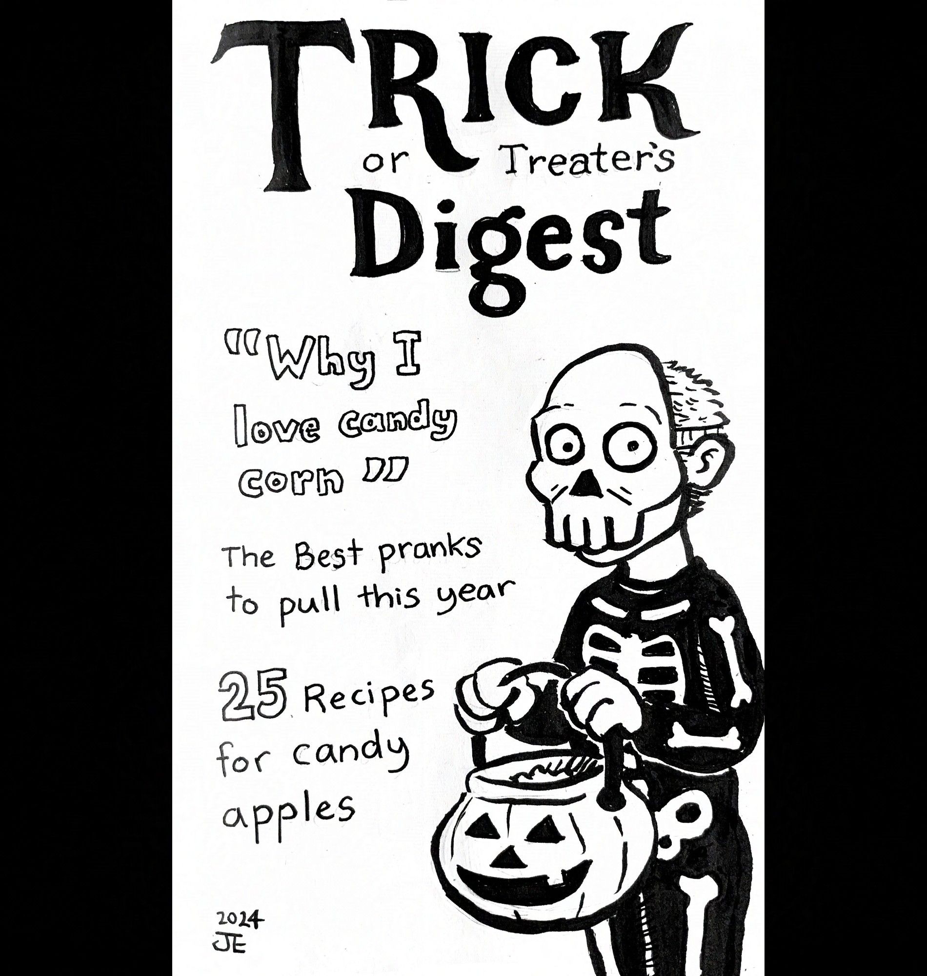 Mock up of a "Trick or Treaters Digest" with a boy in a skeleton costume holding a pumpkin bucket