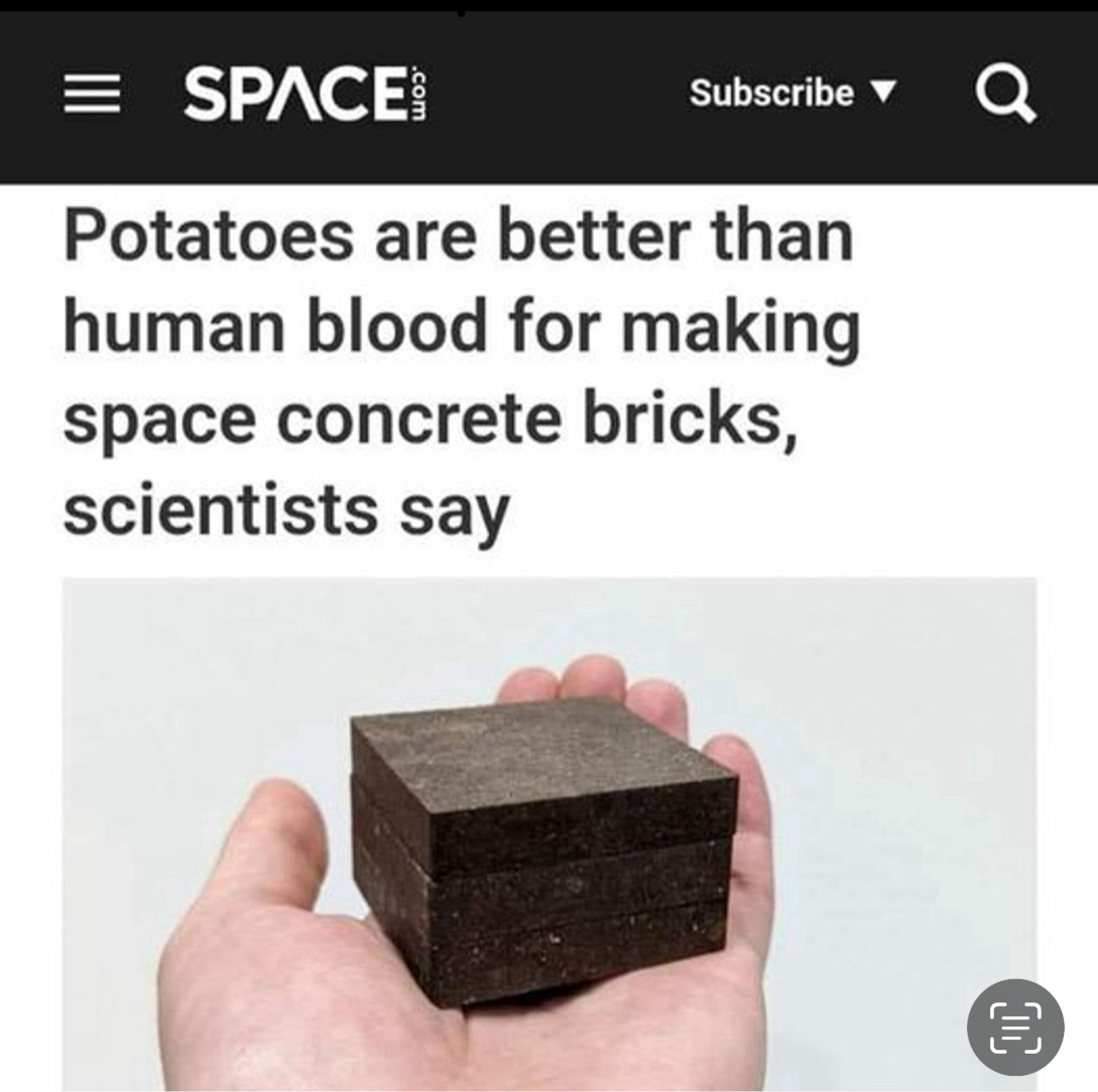 SPACE®

Potatoes are better than human blood for making space concrete bricks, scientists say

(A white person’s hand holds a small dark cube in their palm.)