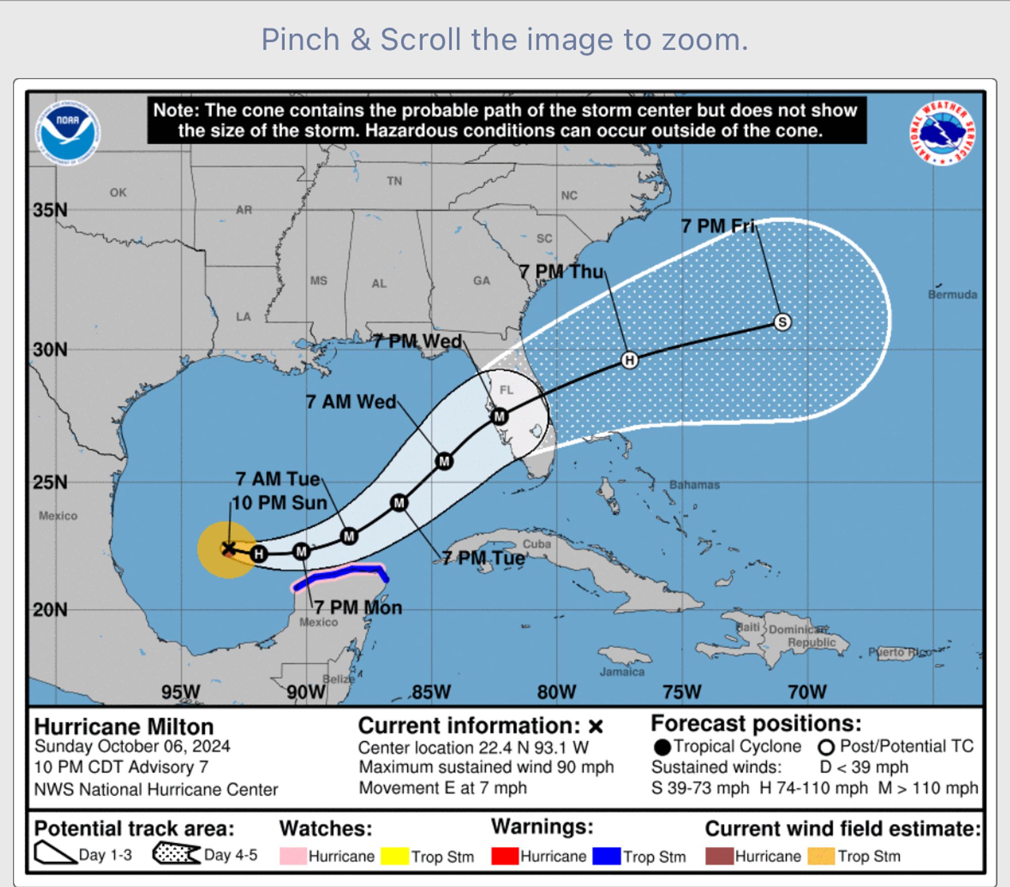 NHC storm forecast come map showing that by 7PM Wednesday Milton will arrive on west coast of Central Florida as a major hurricane then cut directly across the state toward the Atlantic.