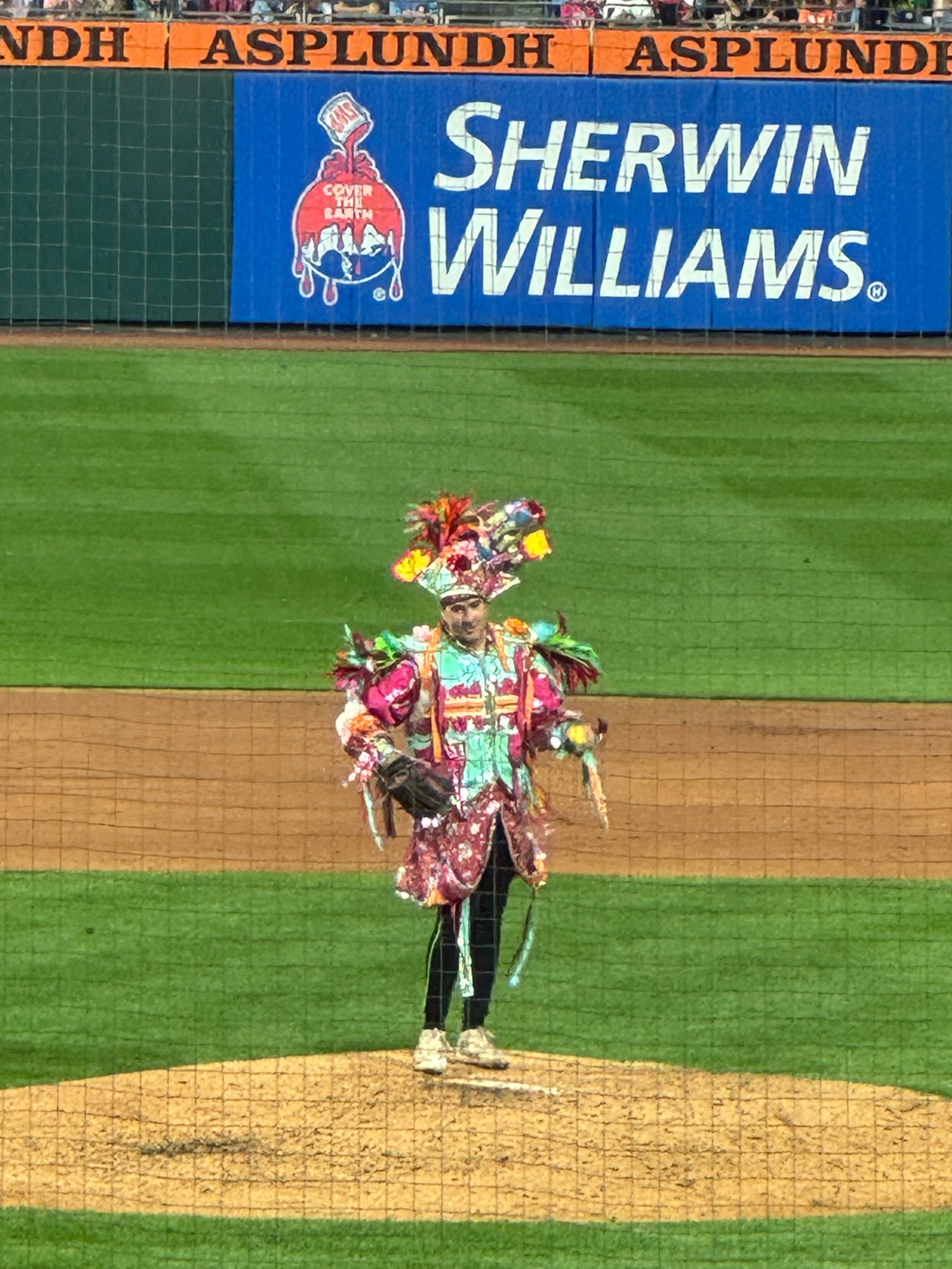 A pitcher in a mummers costume at the Savannah Bananas game at Citizen’s Bank Park.