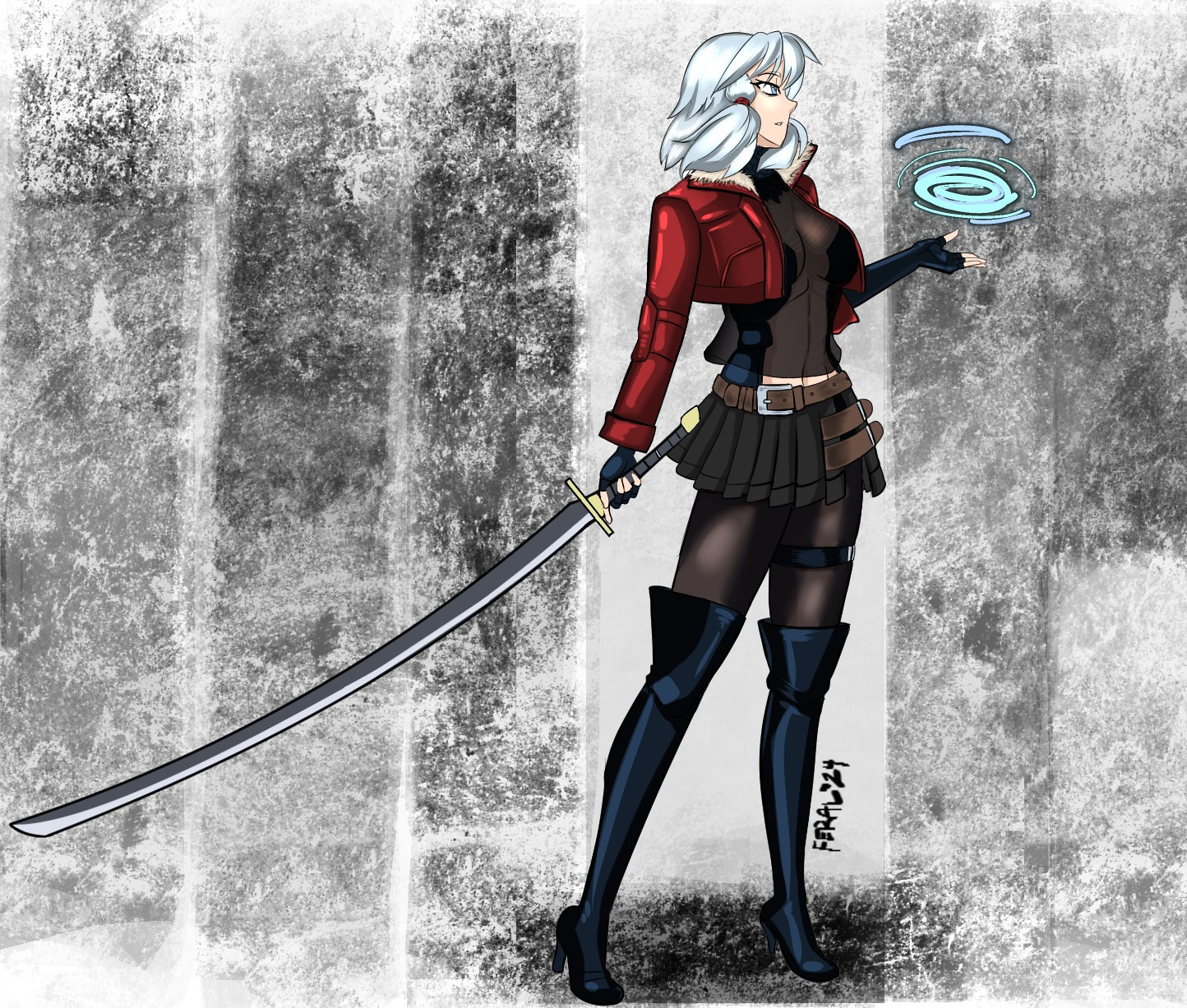 oc art; silver-haired woman in a red jacket wearing a mesh top, tights, and boots with a long sword and magic swirling over her other hand.