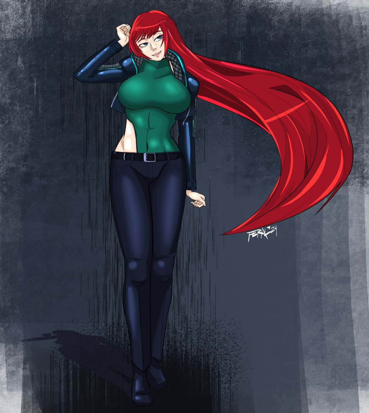 Commission for an OC wearing a green bodysuit, dark pants and jacket, and a whiplash of big red nigh-prehensile hair.