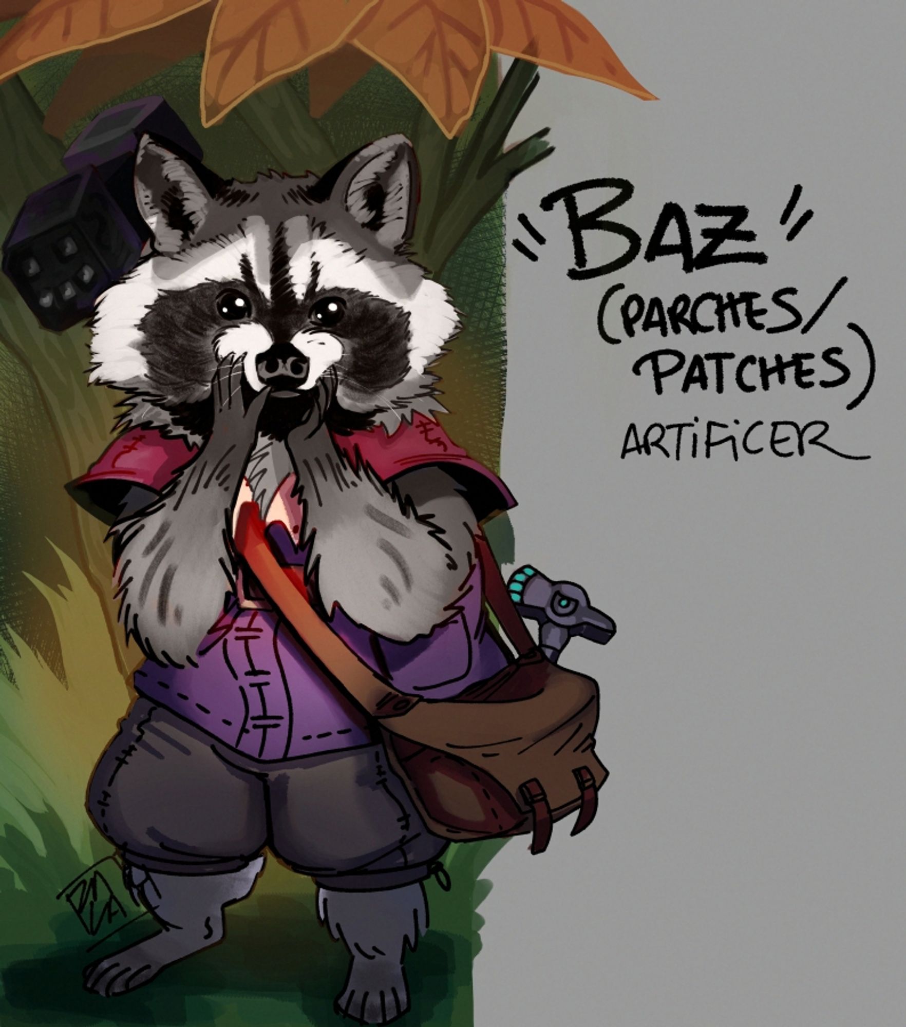 Racoon being cute, but he's got a war hammer at his back and tools in a bag! He's an artificer and...means business!