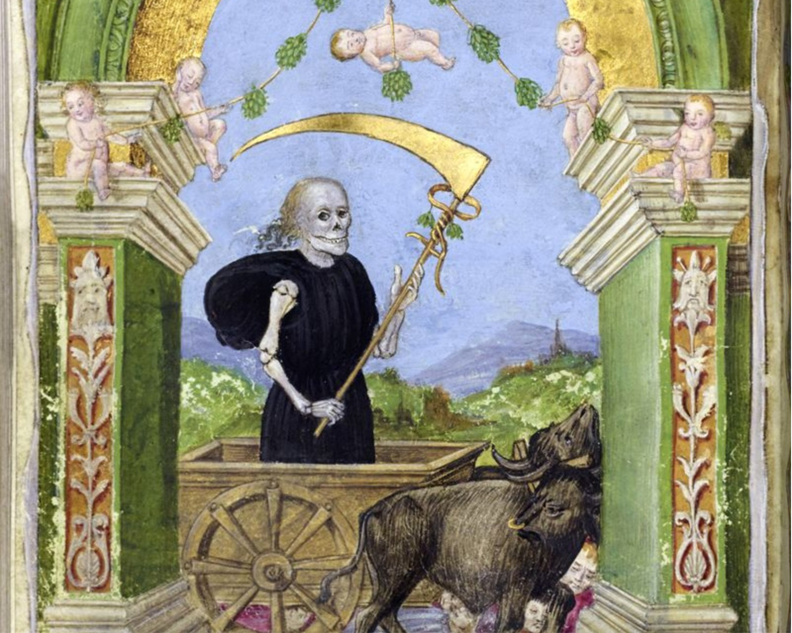 Illustration from a 15th-century Italian Book of Hours (Hart 20966, f. 106v). Death smiles back at us, holding a golden scythe and riding a cart pulled by beasts, severed heads under their hooves. Above death, cherubs dangle from grape vines in an elaborate archway.

