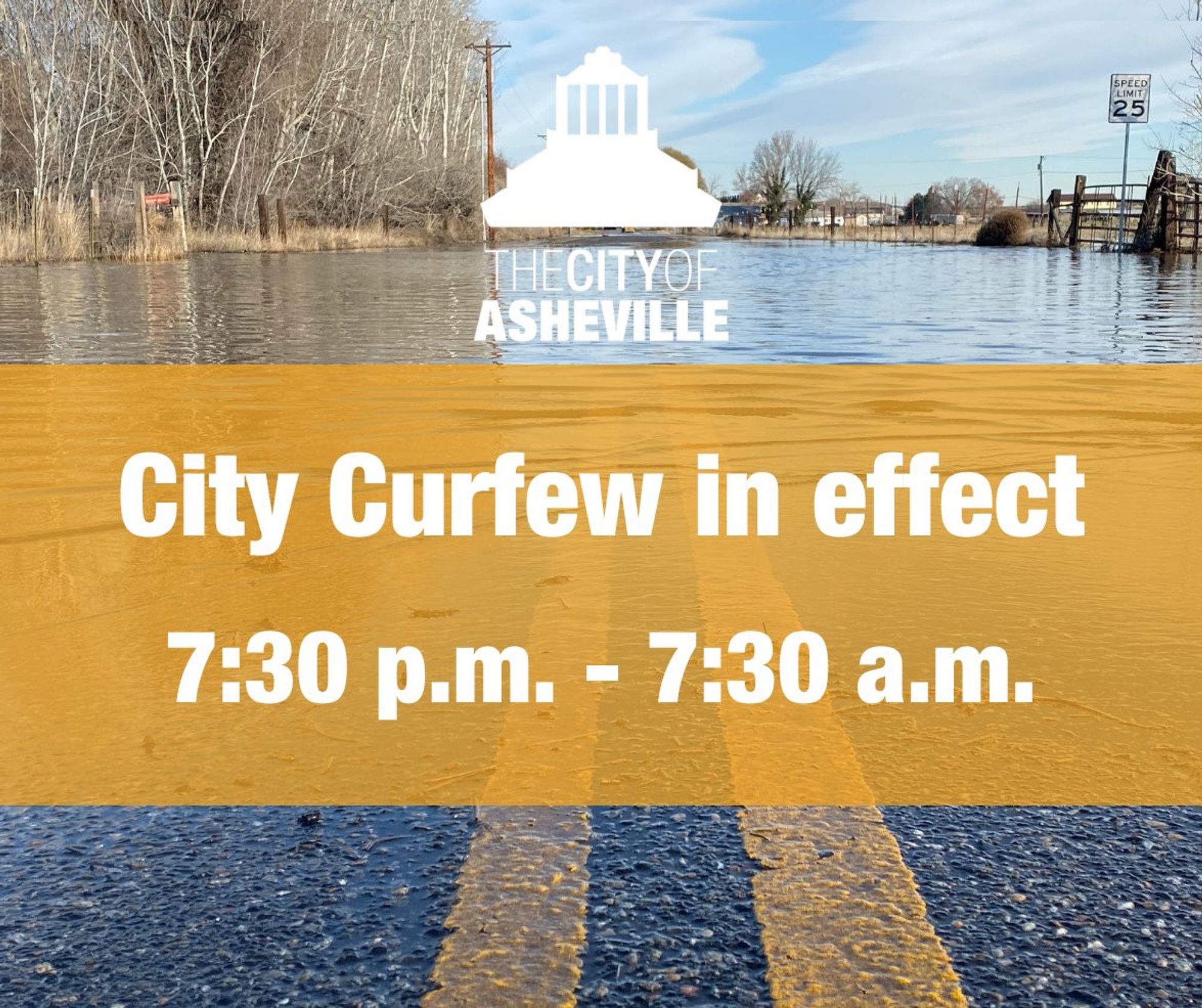 Official notification of city of Asheville announcing a curfew for tonight from 7:30 pm