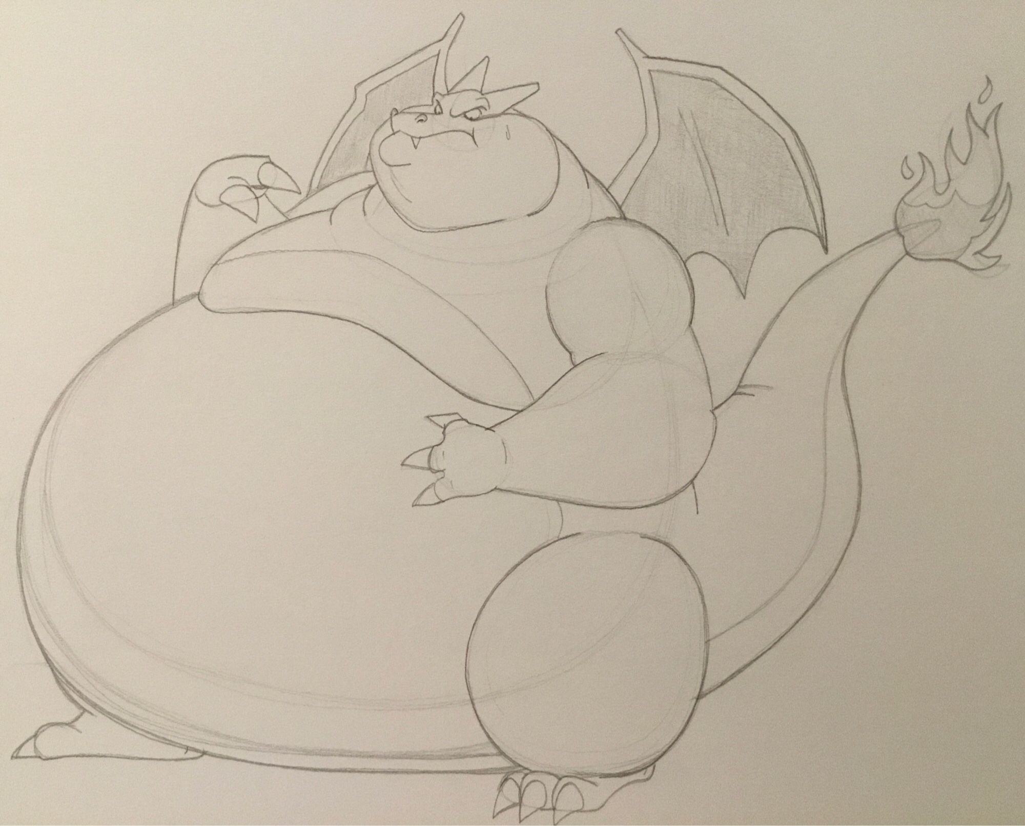 A doodle of a very chubby charizard, looking rather concerned by his enormous size.