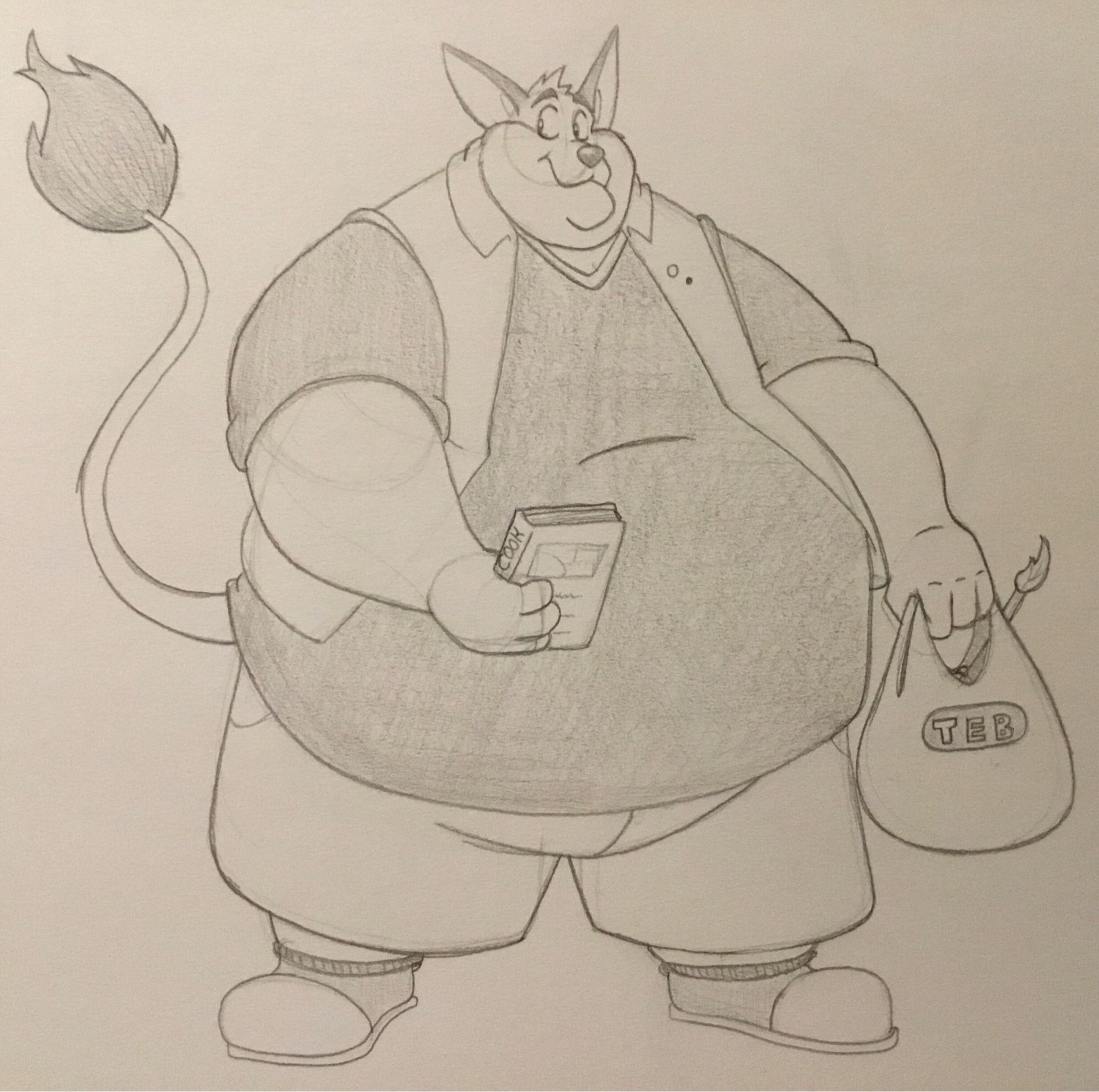 Large anthropomorphic like monster fella holding a cook book and a plastic shopping bag full of ingredients.