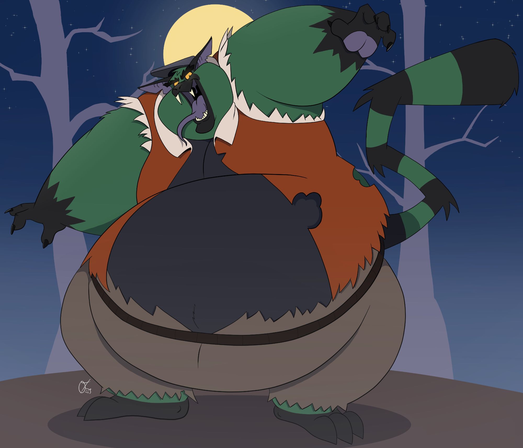 Large and chubby, mean looking monster fellow standing under a starry sky on a foggy night.