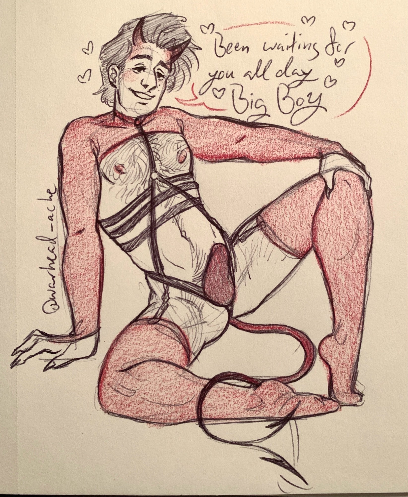 Steve harrington depicted as a succubus with little devil horns and long, thin tail ending in a barbed point. He’s wearing a harness that falls over the body in a wish bone shape and three straps across his rib cage. He’s also wearing thigh hush stockings and cropped sleeves tht do not cover his pecks.
He’s saying “Been waiting for you all day Big Boy.”