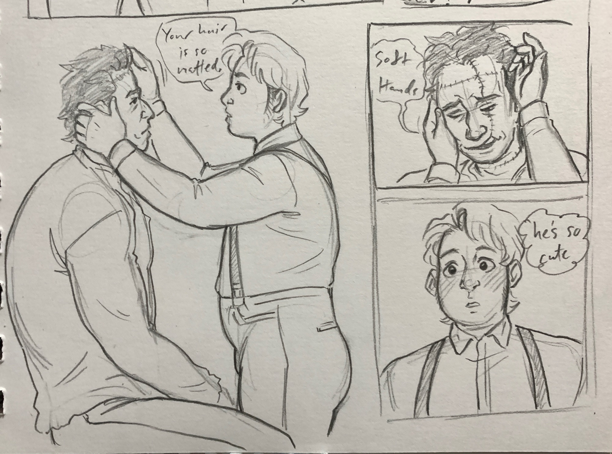 Adam sits so Igor can fix his hair. Igor says “your hair is so matted” as he struggles to comb his fingers through his hair. 
Adam says in a gruff voice “soft hands” and leans into the touch. 
Igor looks at Adam in a soft way and thinks, he’s so cute.