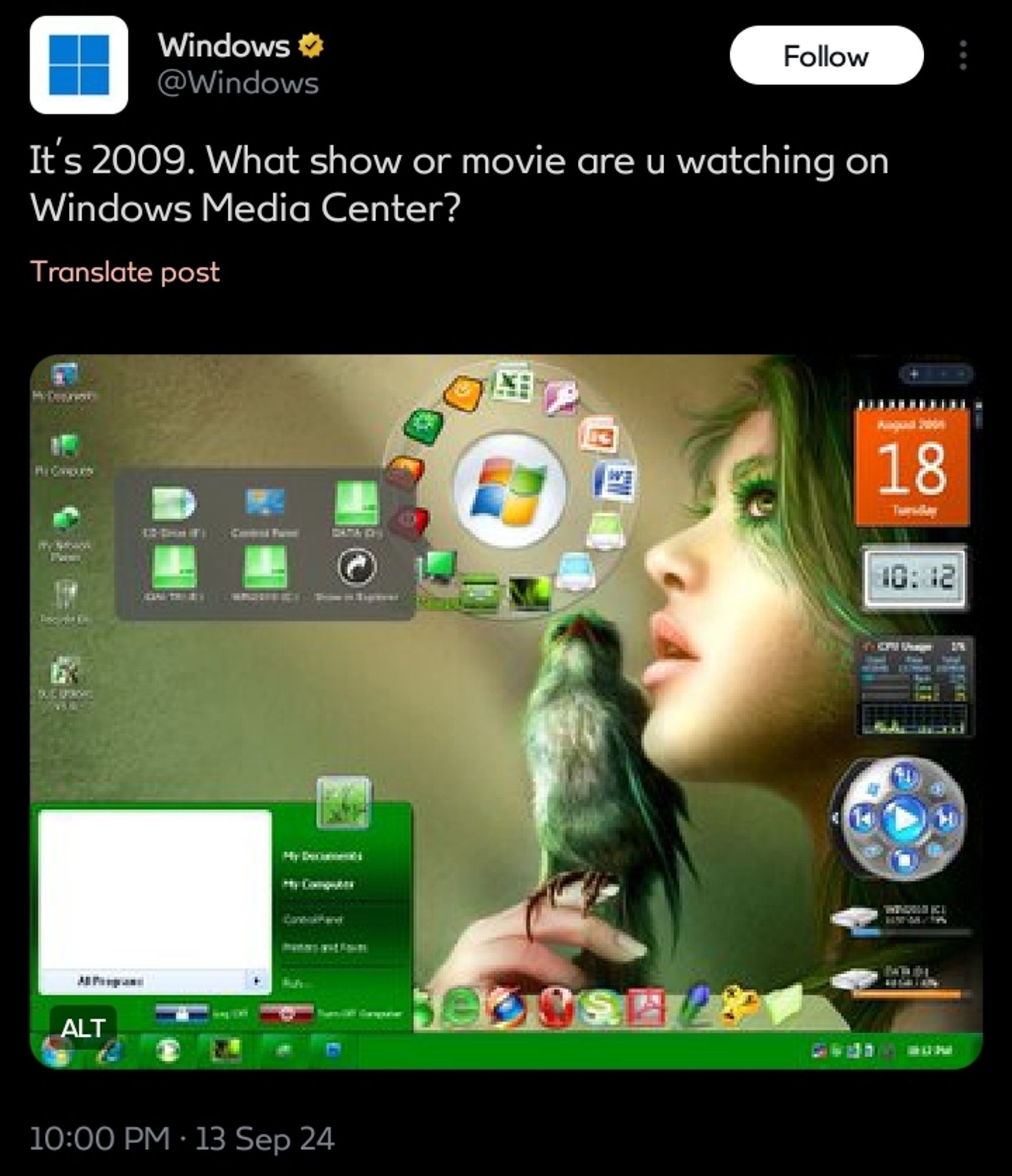 A screenshot of Twitter, showing a tweet from the official Microsoft Windows account, posted on 13th September, captioned "It's 2009. What show or movie are u watching on Windows Media Center?". The image attached is a screenshot from a modified Windows XP installation with a green Windows 7 theme, an unofficial Windows Vista sidebar, a circle dock, a shortcut widget, and an application dock.