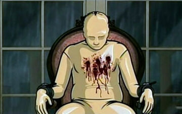 Still from Archer. An Italian prime minister sits dead from multiple gunshot wounds to the chest, his wrists tied to the chair, he is wearing a skin tight full bodysuit.