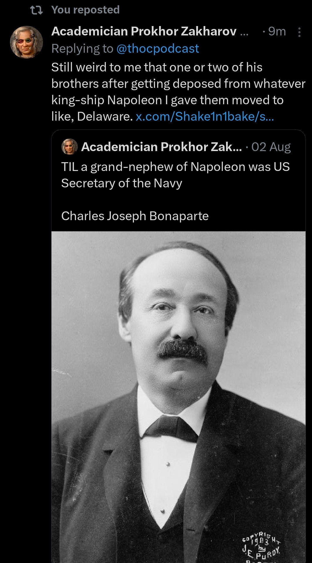 Still weird to me that one or two of his brothers after gerting deposed from whatever king-ship Napoleon I gave them, moved to like, Delaware.

"TIL a grand-nephew of Napoleon was US Secretary of the Navy

Charles Joseph Bonaparte"

(Black and white photo of a balding man with a large mustache with a general vibe of "I am French but actually Italian")