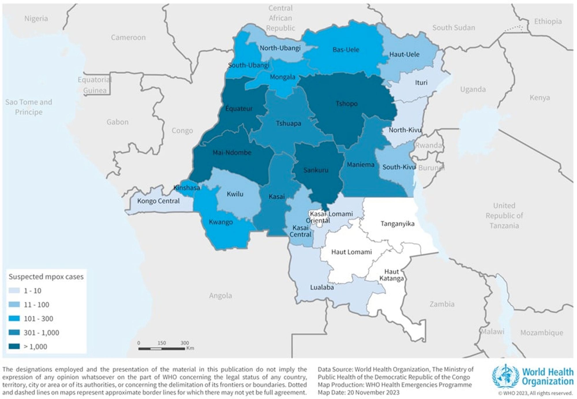 A Map of the DRC showing the geographic distribution of suspected mpox cases from January 1 to November 4 2023.