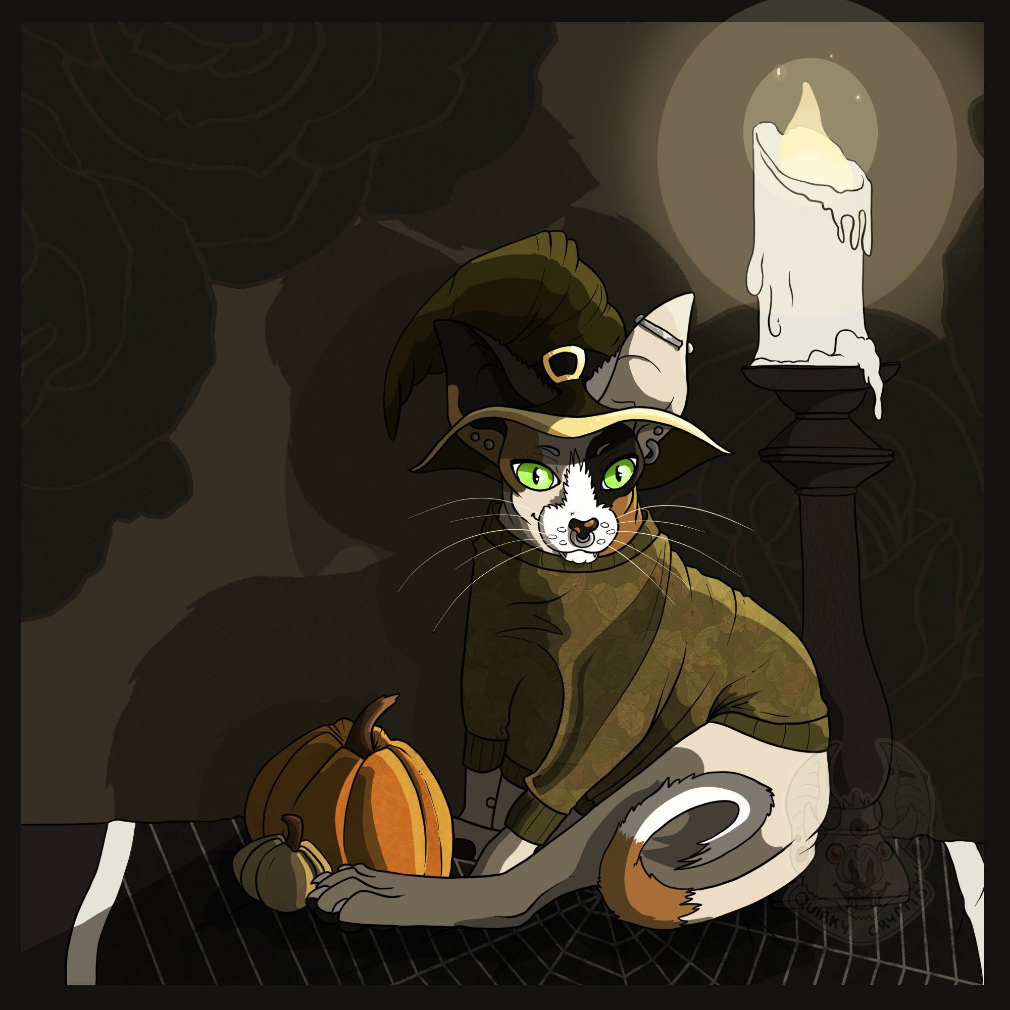 A digital artwork of a calico sphynx cat (named Ochre) dressed up in a sweater and witch hat. Ochre is sitting on a table with a spiderweb pattern. A candlestick sits behind them and there are pumpkins near their feet.