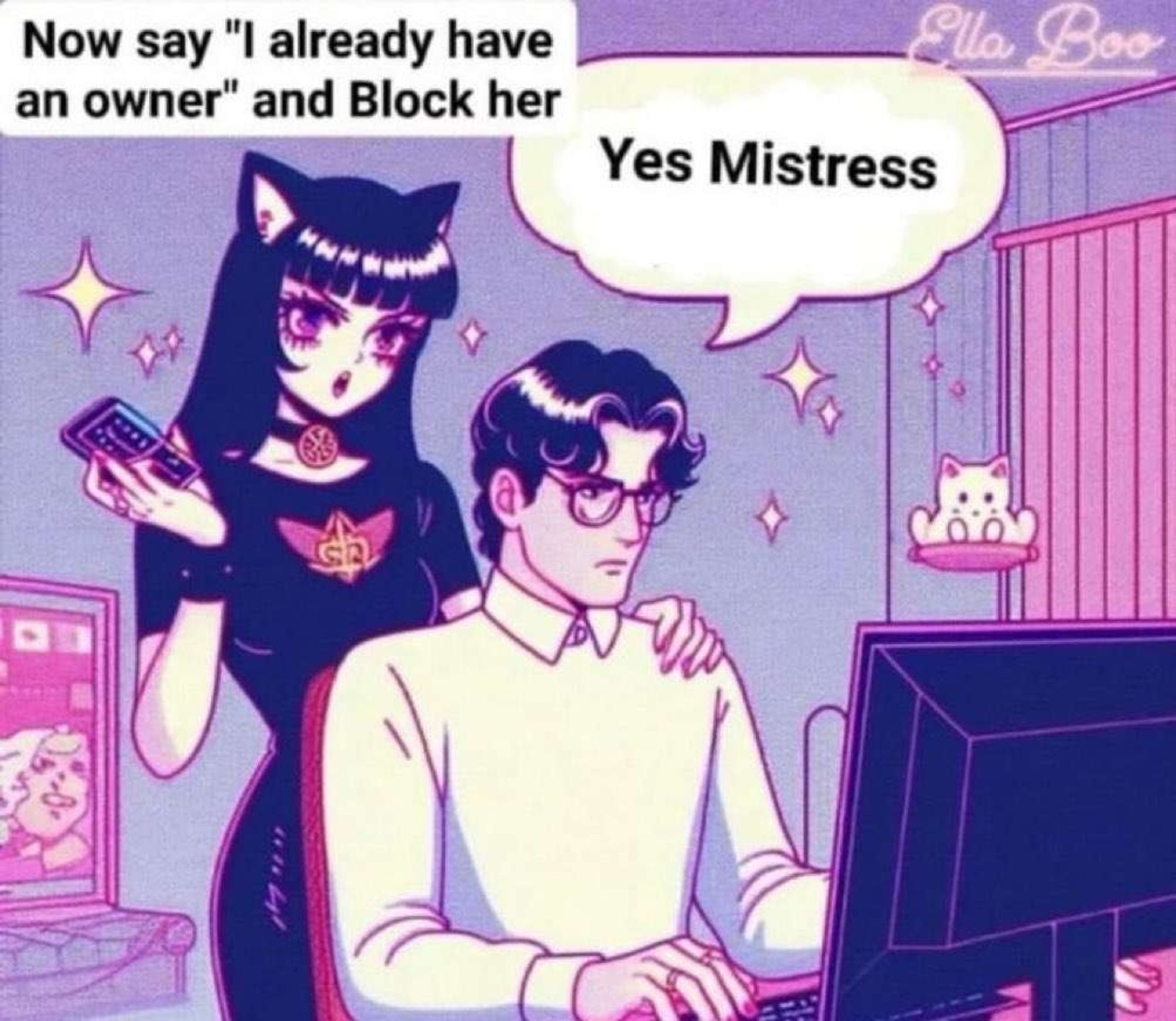 emo anime catgirl saying "now say i already have an owner and block her" and Clark Kent saying "yes mistress"