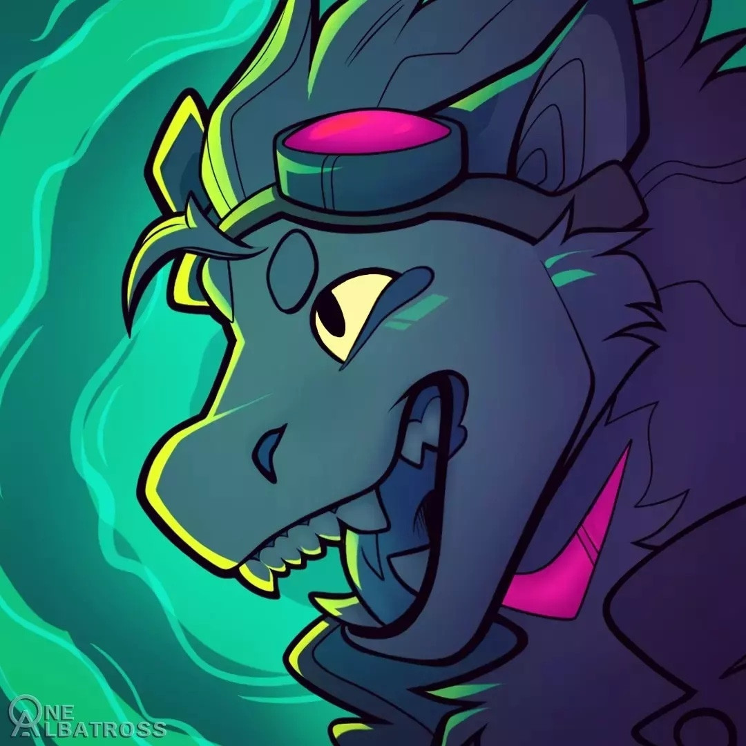 digital art icon of an anthropomorphic fluffy dragon character wearing goggles on their head and barring teeth in an aggressive smile - the whole piece is tinted a blue-ish green