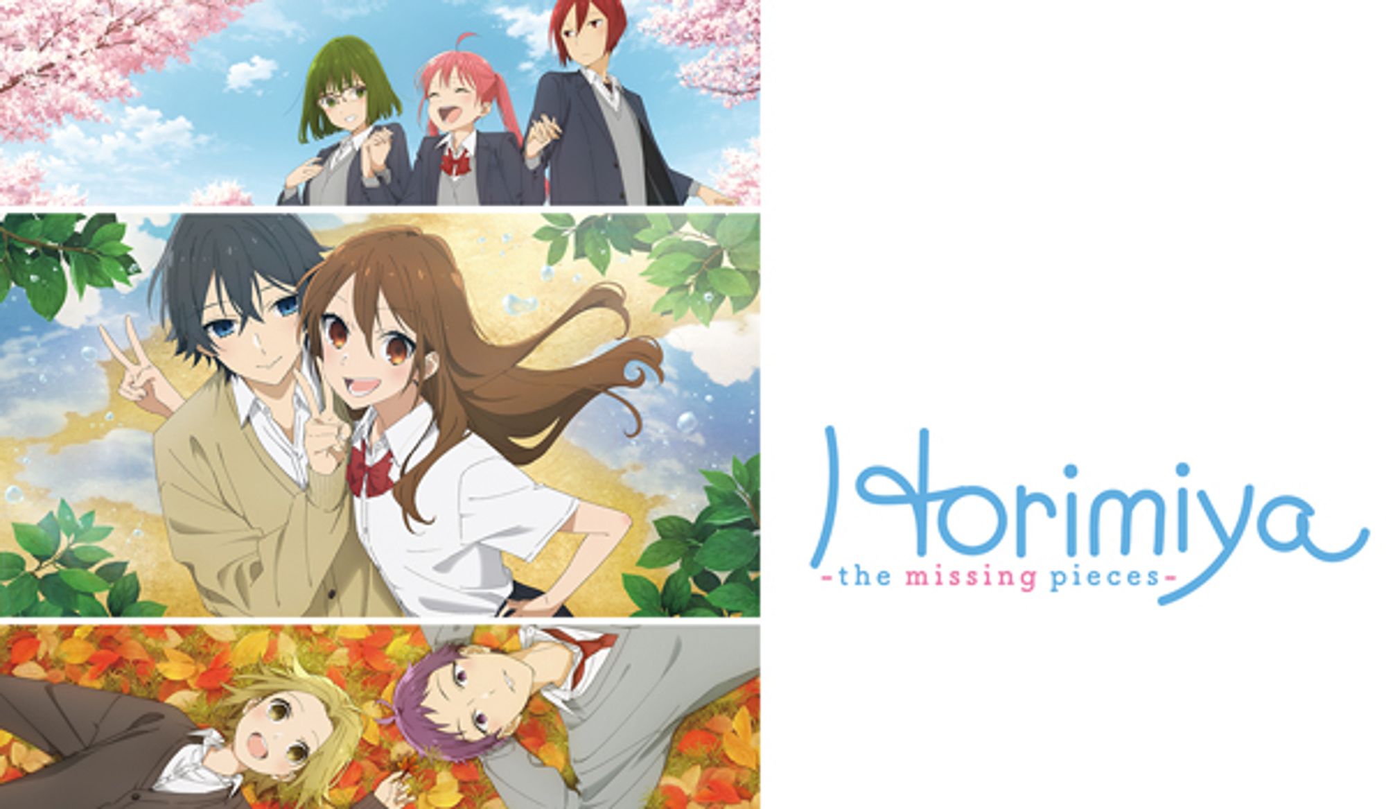 highschool characters being friends and cosy on the left - horimiya logo on the right