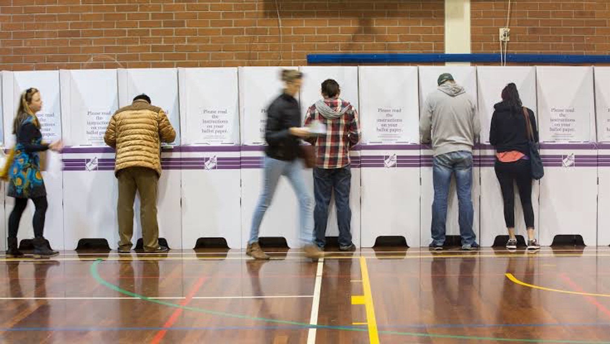 Six people voting in booths at a voting centre