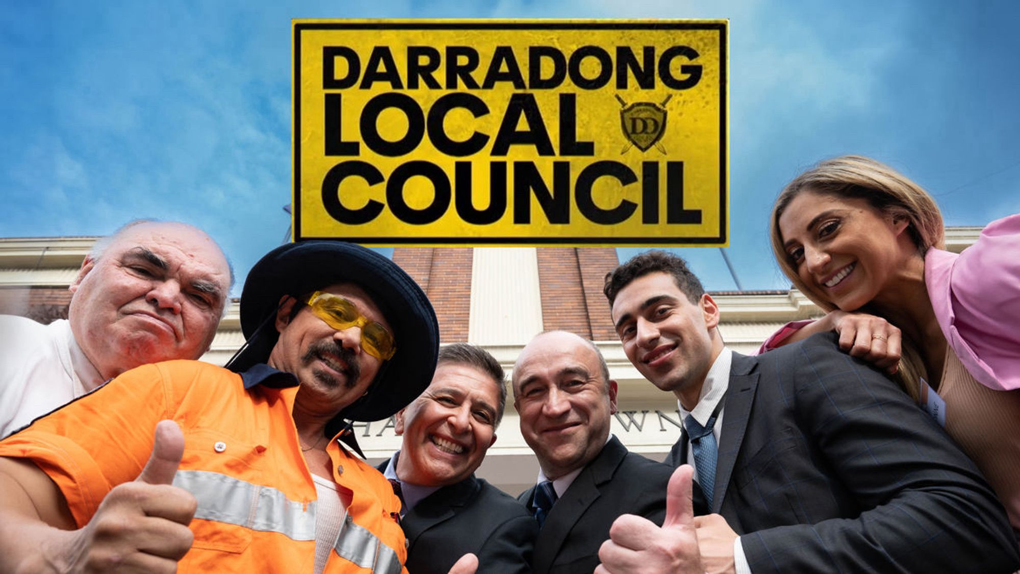 The cast of Darradong Local Council give a thumbs up