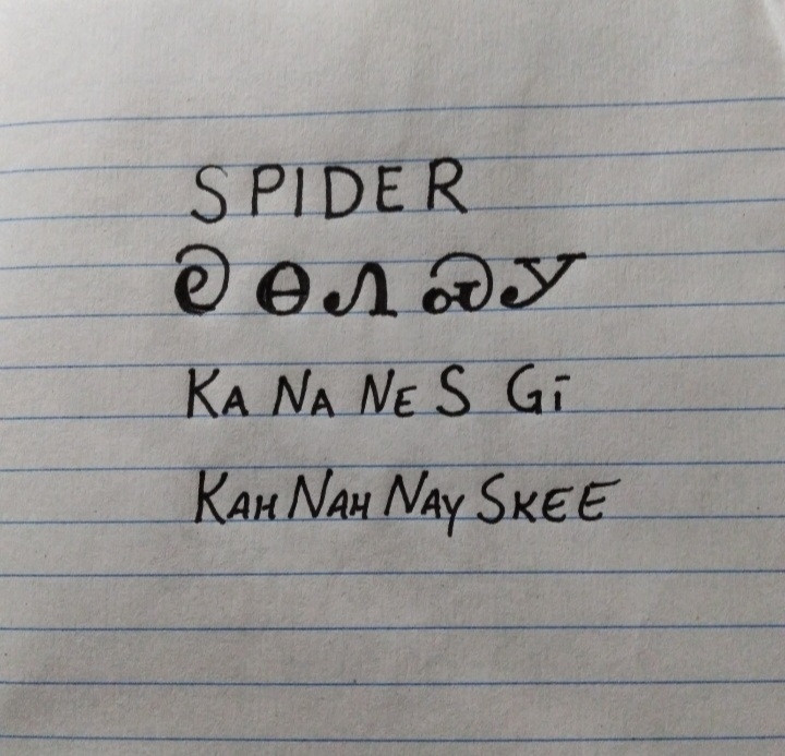 Image is line paper with writing showing an English word and how it is written in the Cherokee language followed by how it is spelled and pronounced. The word is spider and pronounced kahnahnayskee