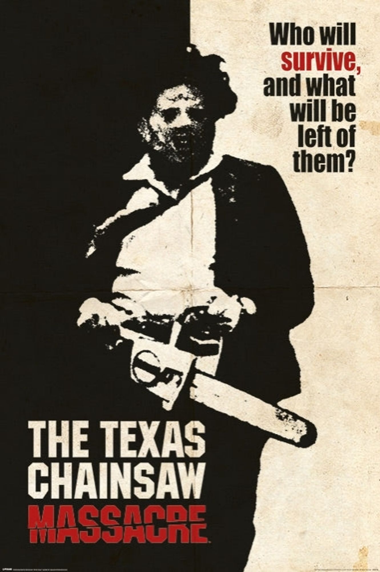 Image is a poster for the 1974 horror film the Texas chainsaw massacre. It is anblack and white and reverse negative shot of the slasher leatherface, wearing a mask made of human skin, ill fitting suit and tie and carrying a chainsaw