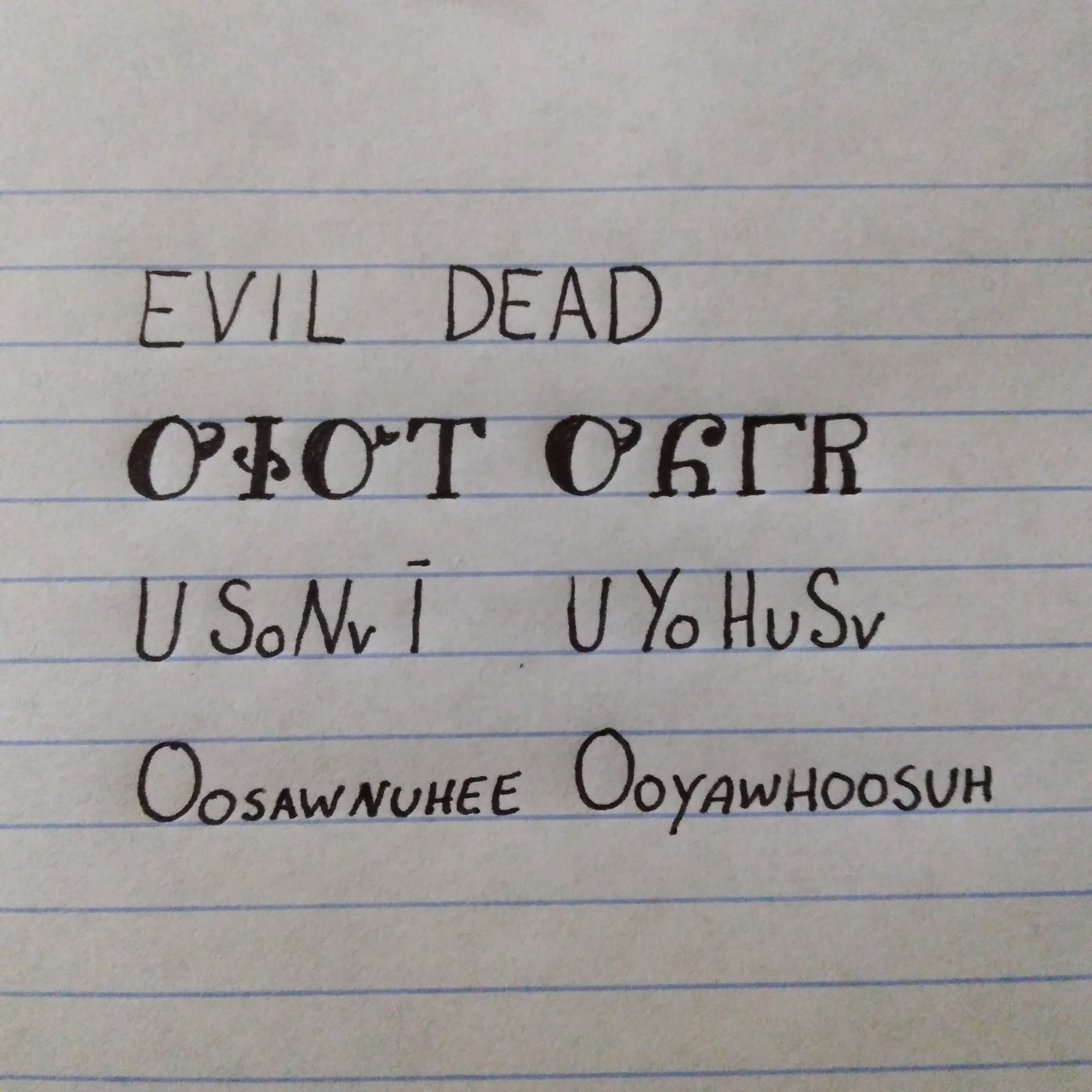 Image is line paper with writing showing an English word and how it is written in the Cherokee language followed by how it is spelled and pronounced. The word is evil dead and pronounced oosawnuhee oiyawhoosuh