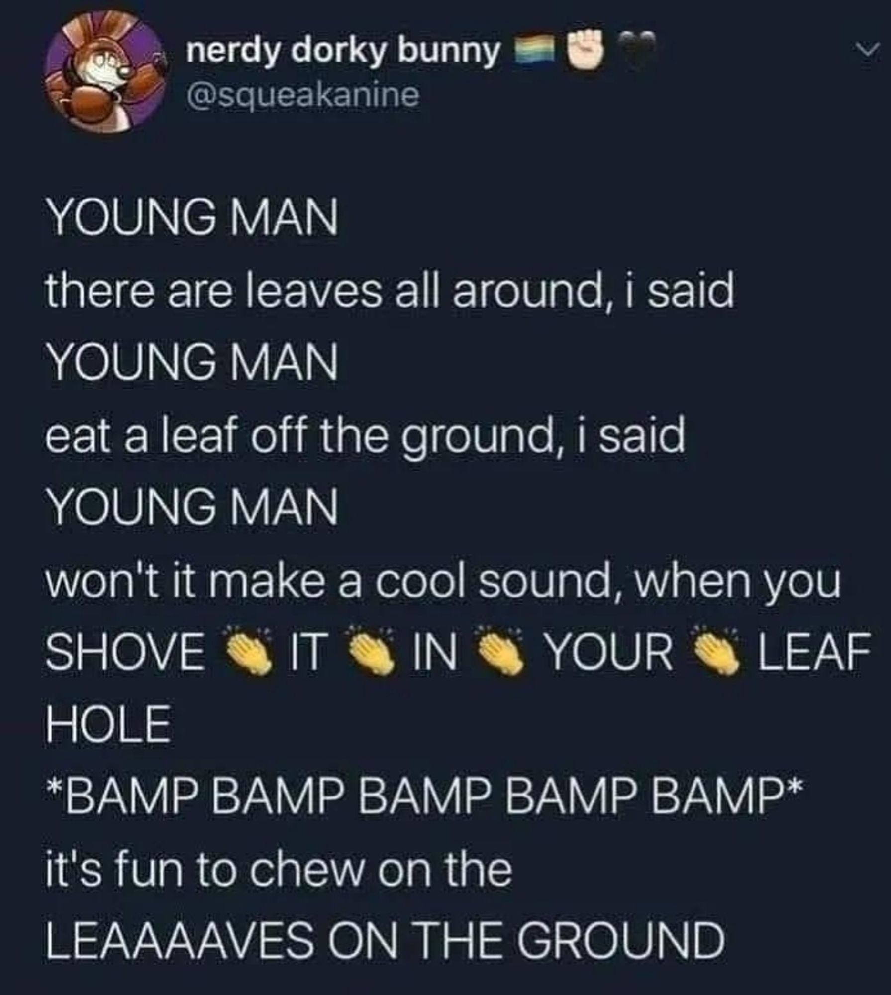 YOUNG MAN
there are leaves all around, I said
YOUNG MAN
eat a leaf off the ground, I said
YOUNG MAN
won't it make a cool sound, when you
SHOVE IT IN YOUR LEAF HOLE
*BAMP BAMP BAMP BAMP BAMP*
it's fun to chew on the 
LEAAAAAVES ON THE GROUND