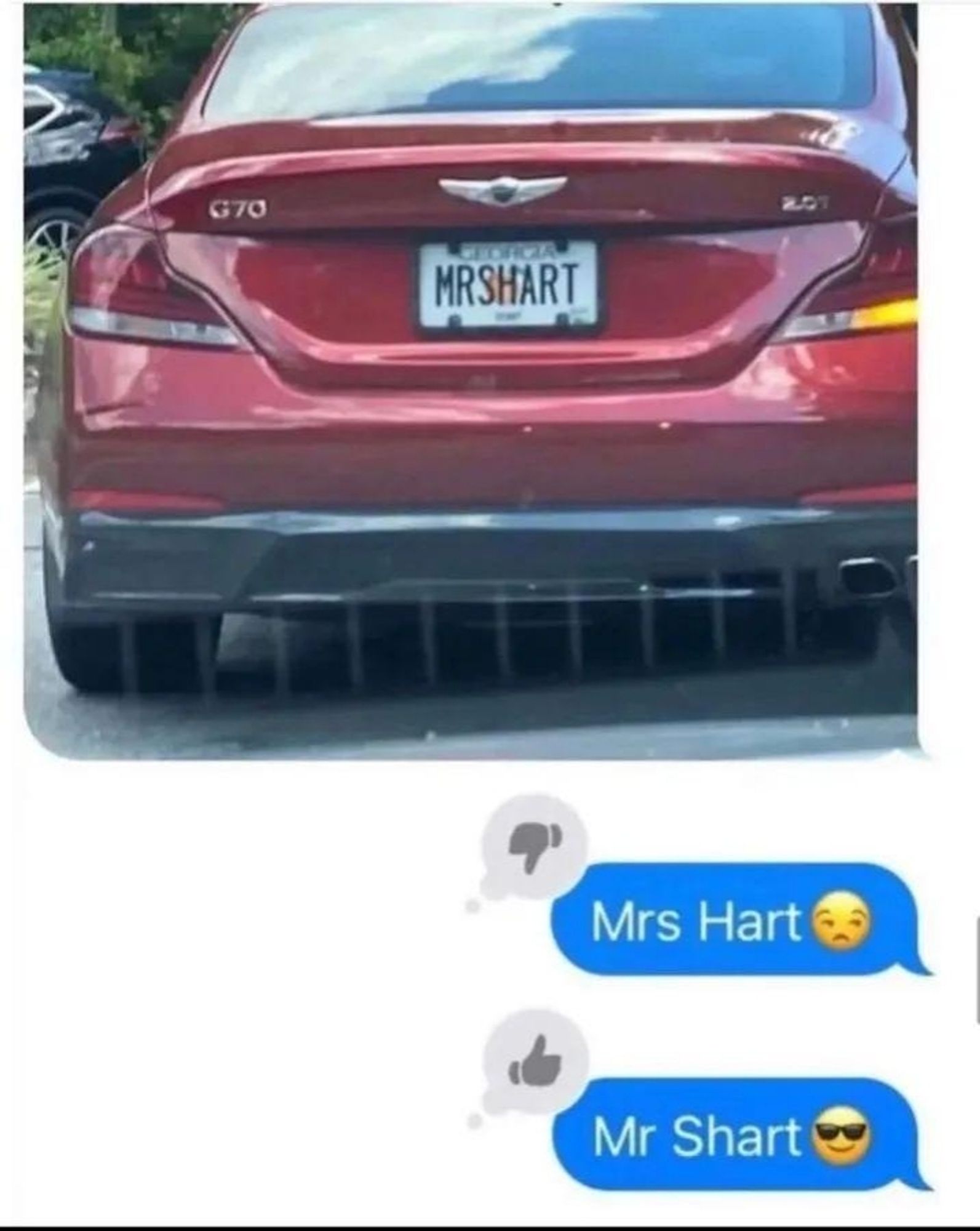 Image is a car tag with plates that read mrshart, two people are trying to decide if it says Mrs hart or Mr shart