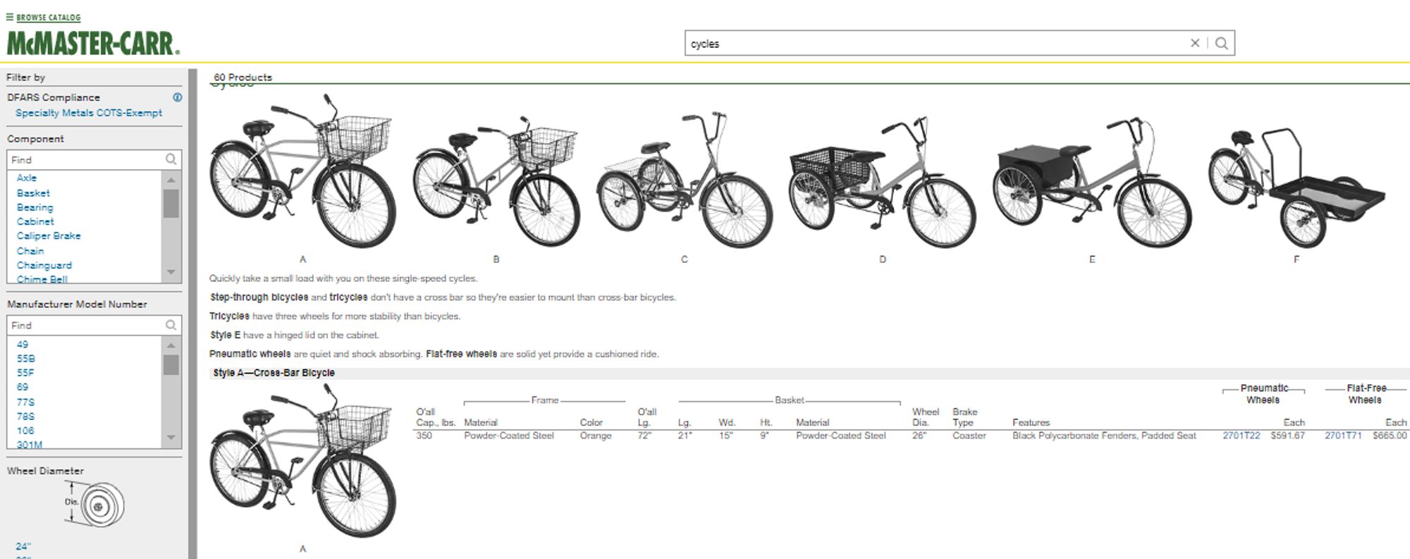 Screenshot of the McMaster-Carr website showing catalog listings for bicycles, including a "cross-bar bicycle" for $665.