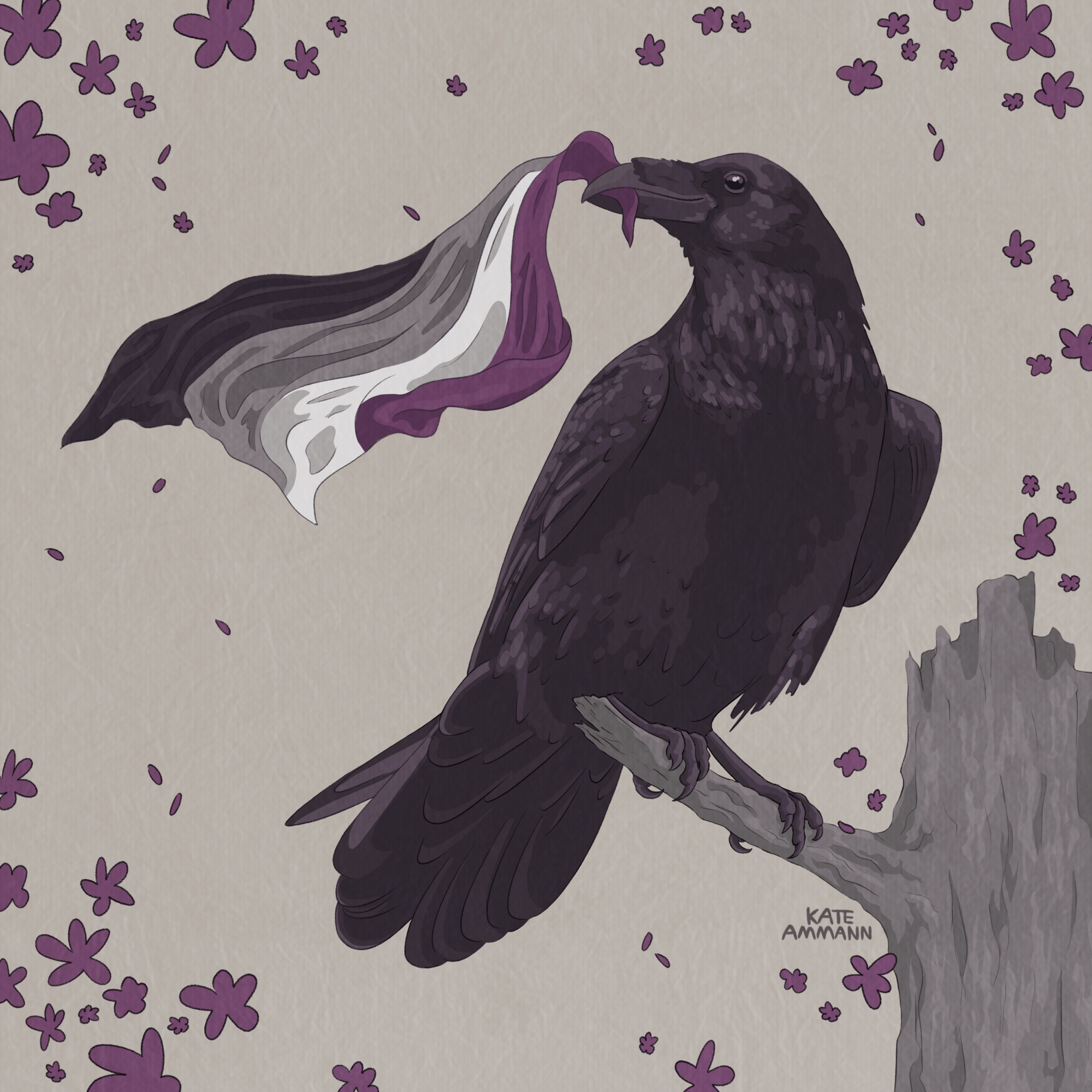 Digital illustration of a raven holding an asexual pride flag in its beak. It is perched on a gray tree stump, and purple flowers and pedals surround it.