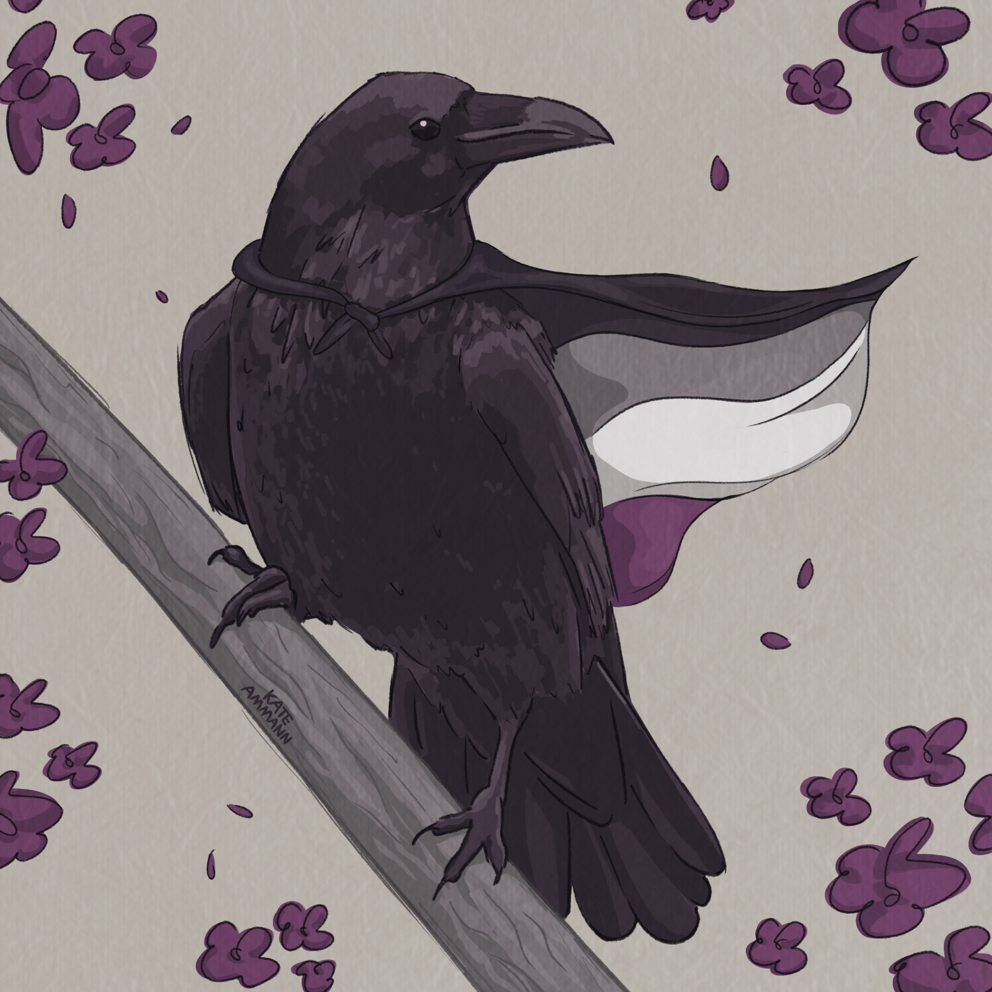 Digital illustration of a crow wearing an asexual pride flag as a cape. The color palette is mostly grays and purple. The crow is proudly perched on a branch, and purple flowers and pedals surround it. 