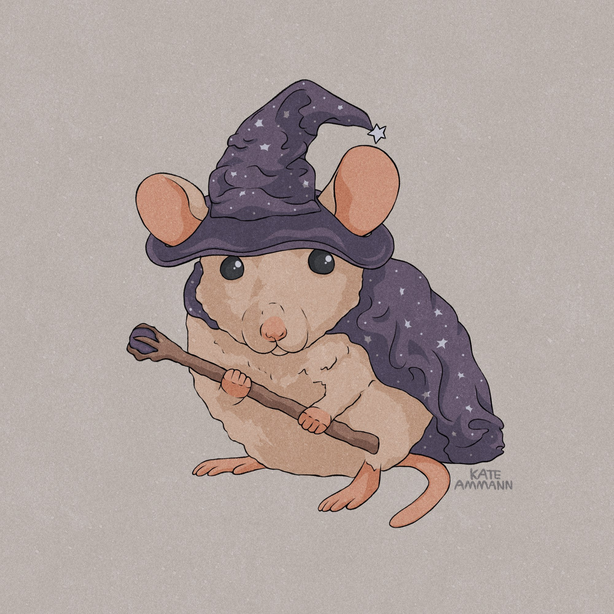 Digital illustration of a tan colored mouse holding a small wizard staff, and wearing a purple starry hat and cloak. The background is plain gray