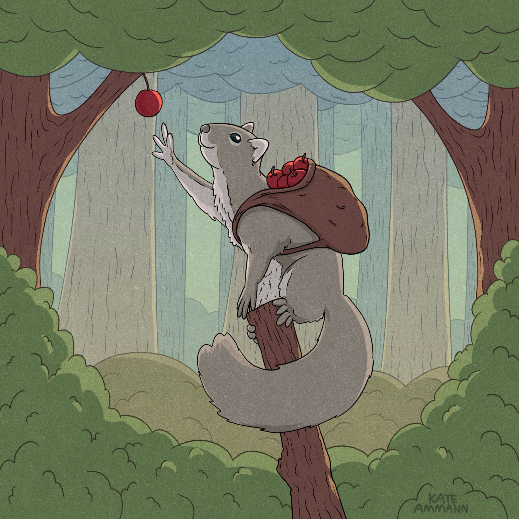 Digital illustration of a grey squirrel on a skinny tree stump. The squirrel has a brown bag filled with apples around its shoulder, and is reaching up to grab an apple hanging from a tree. Surrounding the squirrel and in the background are many bushes and trees. The overall color of the drawing is blueish-green