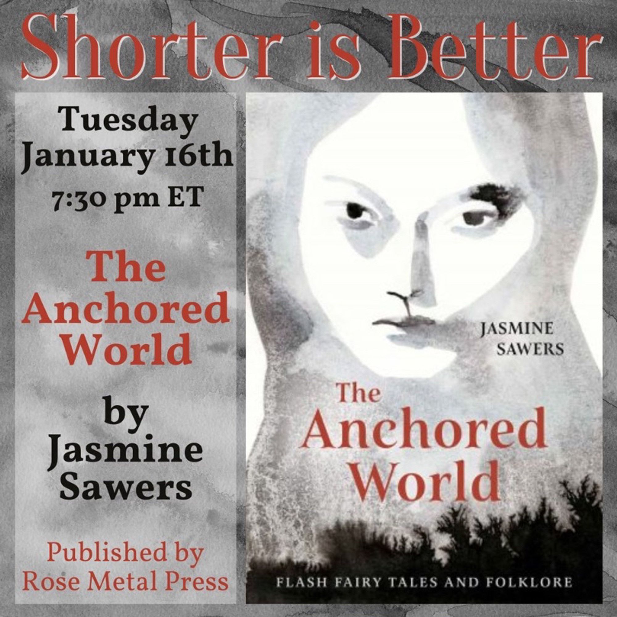 Shorter is Better’s January book pick, The Anchored World by Jasmine Sawers. There is an image of the cover of the book on the right and the details of the meeting on the left. Tuesday, January 16th at 7:30 PM ET.