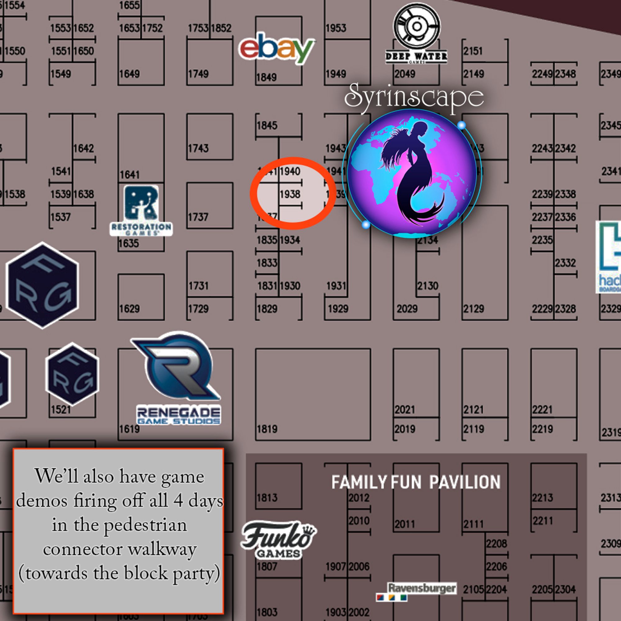 The Gen Con 2023 hall map with Syrinscape's booth 1938 highlighted. The Syrinscape logo sits right next to the booth highlight. Text is on the bottom left calling out game demos happing all 4 days in the Pedestrian Connector.