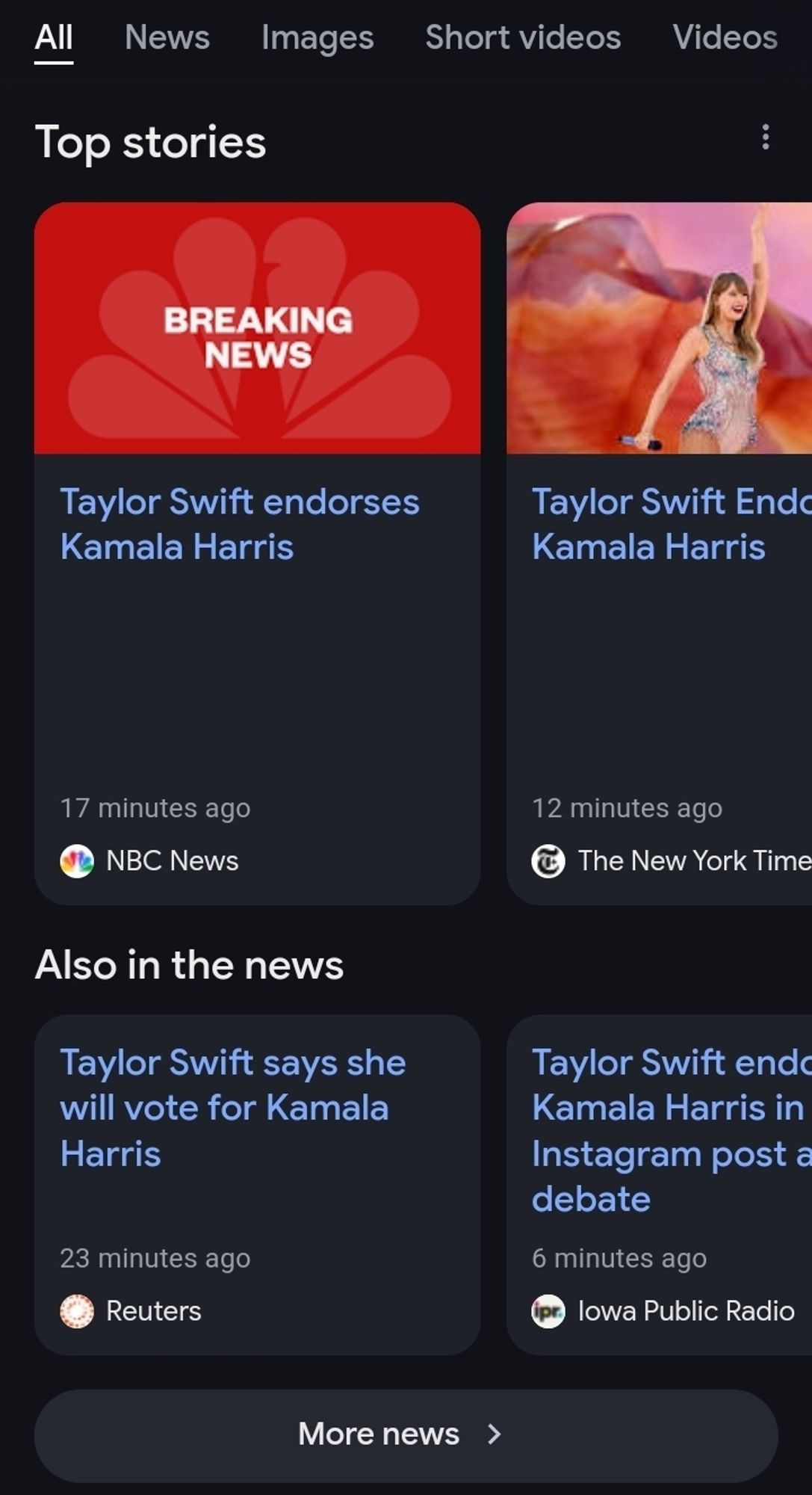 Screen shot of Google search results for "Taylor Swift Kamala Harris" showing dozens of news outlets announce Taylor Swift's endorsement of VP Harris.