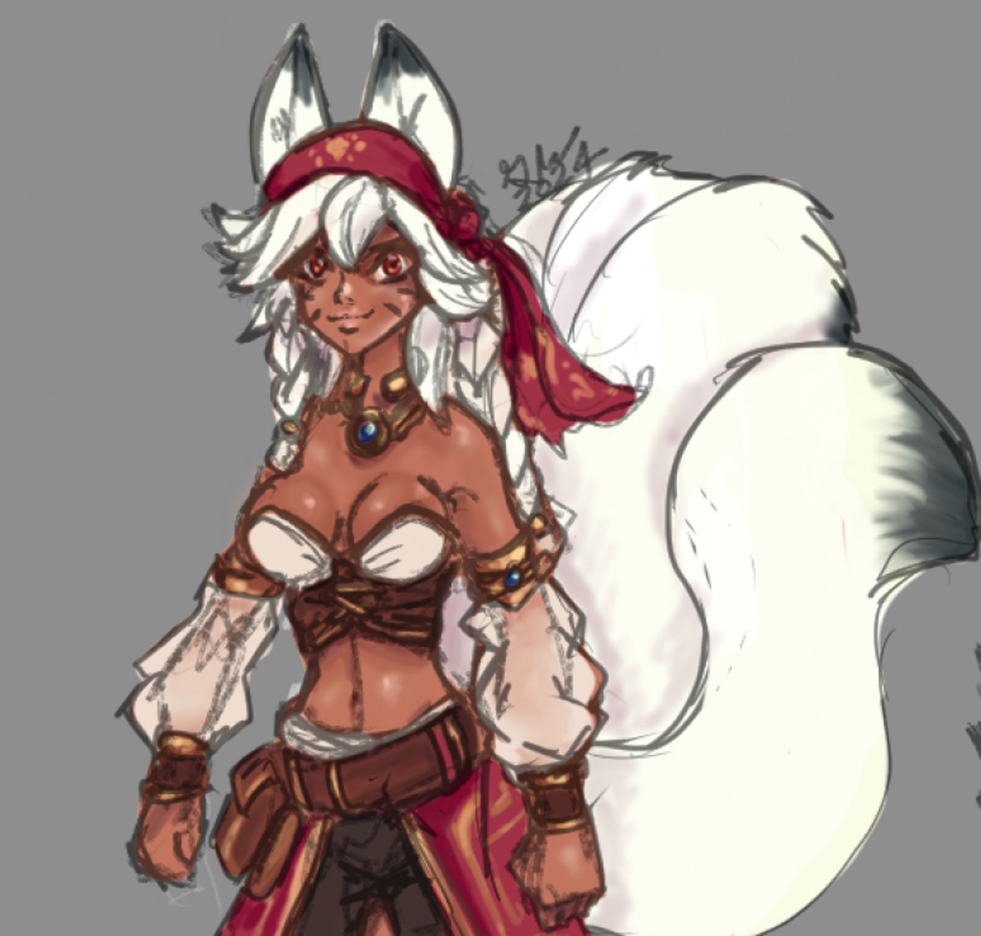 A pirate girl wearing a red bandana with white hair, white fox ears, and multiple white tails.