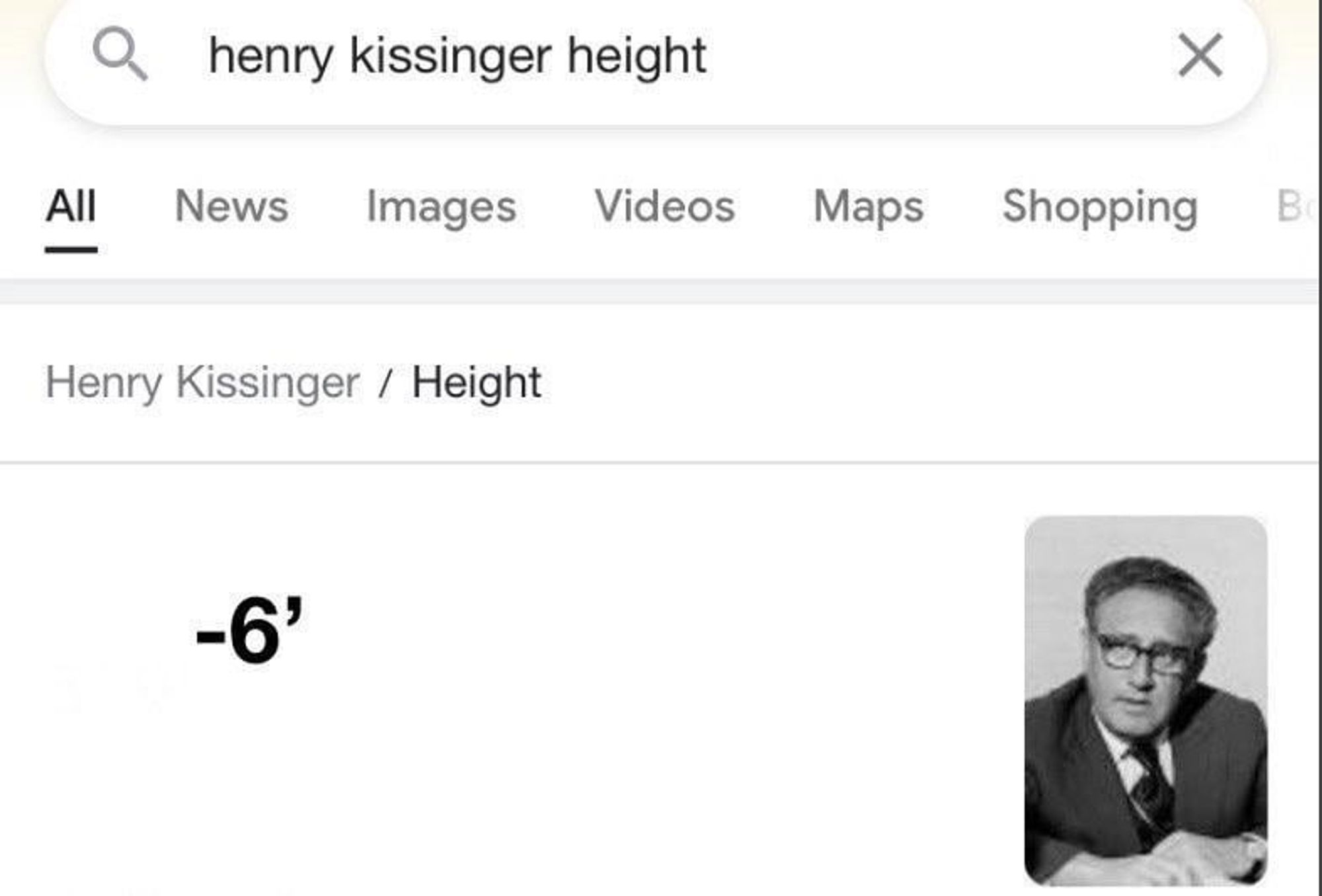 a google search for henry kissinger's height, listing it at minus six feet