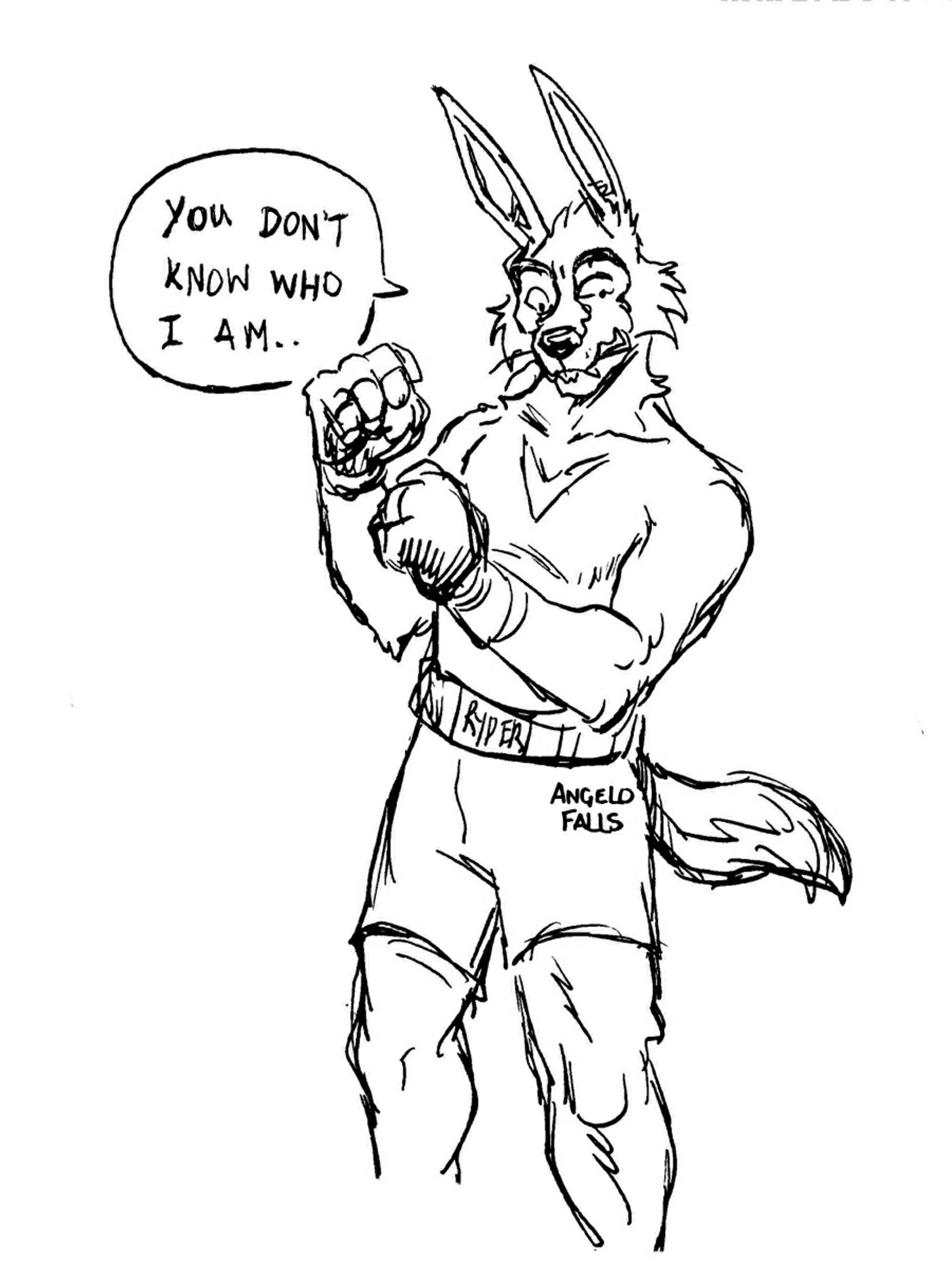 An anthro Wolf-rabbit hybrid, wearing MMA gloves and trunks, standing with his fists up and side eying someone offscreen

Dialogue: "You don't know who I am.."