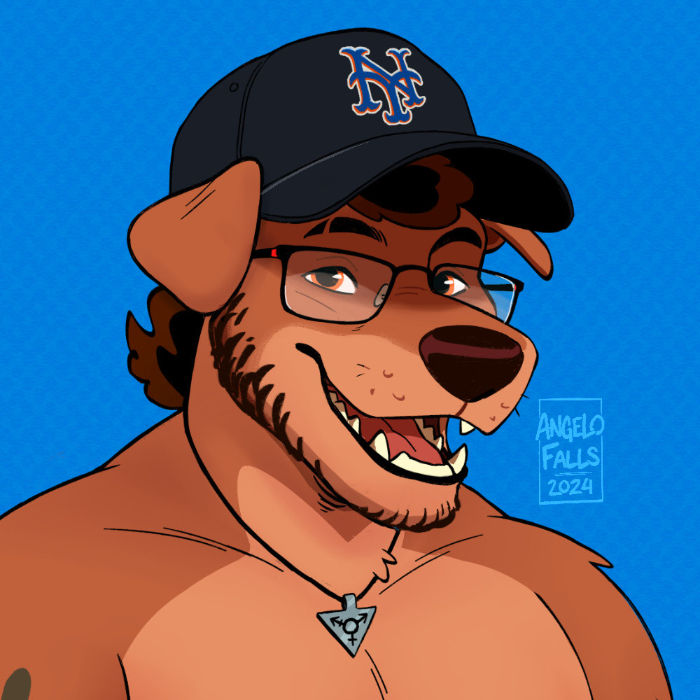 A headshot drawing of (Angelo) a shirtless anthro pitador dog with a curly hair head tuft, an eyebrow slit, wearing a trans symbol necklace and a New York Mets baseball cap. Open mouth smiling at the viewer.

Signed, AngeloFalls 2024