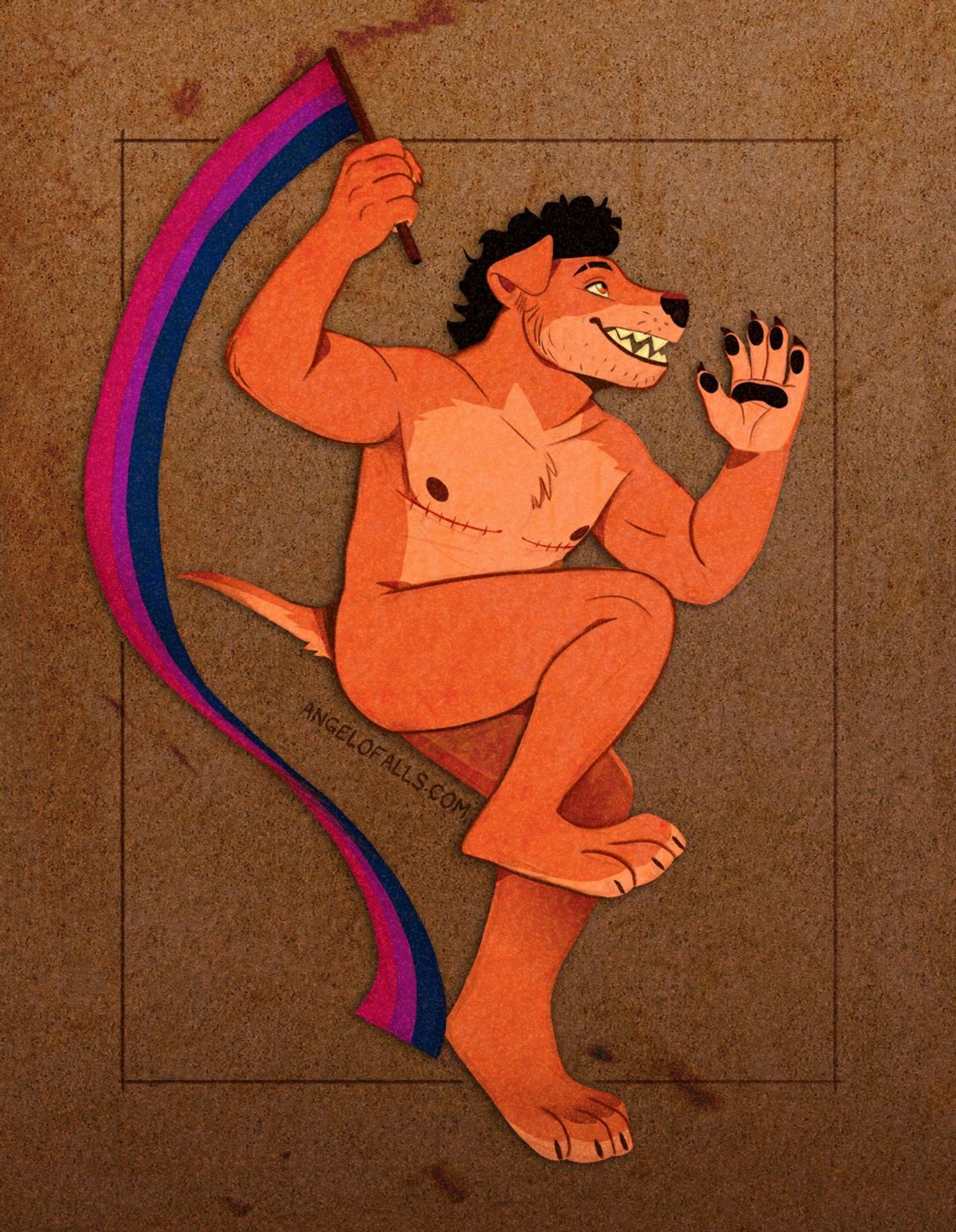 An illustration of an anthro dog (Angelo) with floppy ears, a curly hair mohawk and top surgery chest scars parading around holding a long Bisexual flag ribbon while naked (genitals are censored by his raised leg)

Signed, AngeloFalls (angelofalls.com)