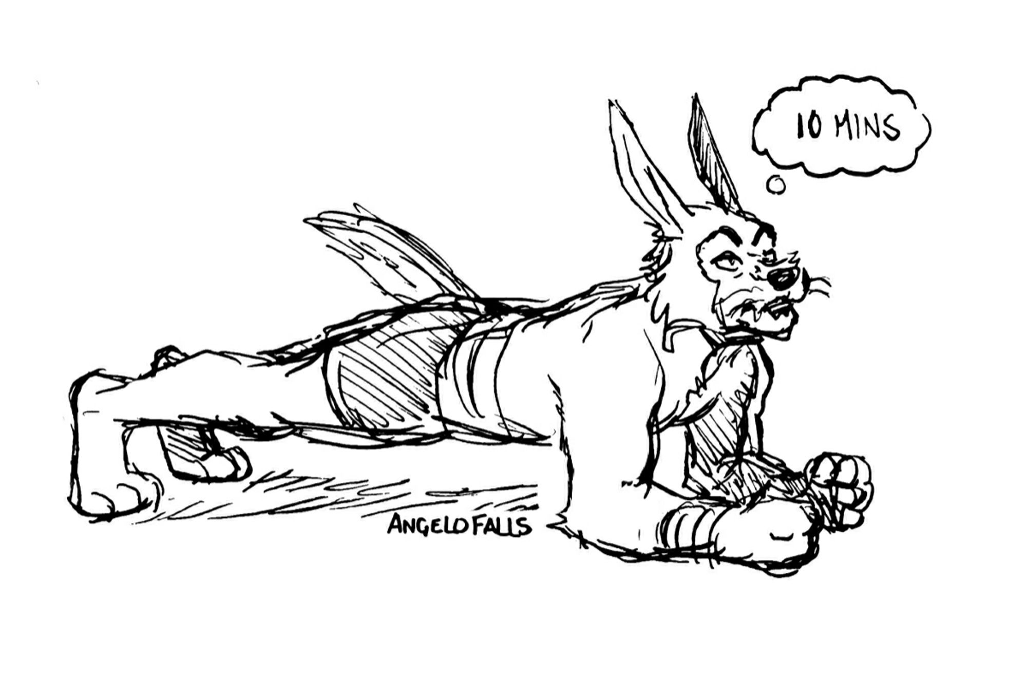 An anthro wolf rabbit hybrid doing 10 mins planks